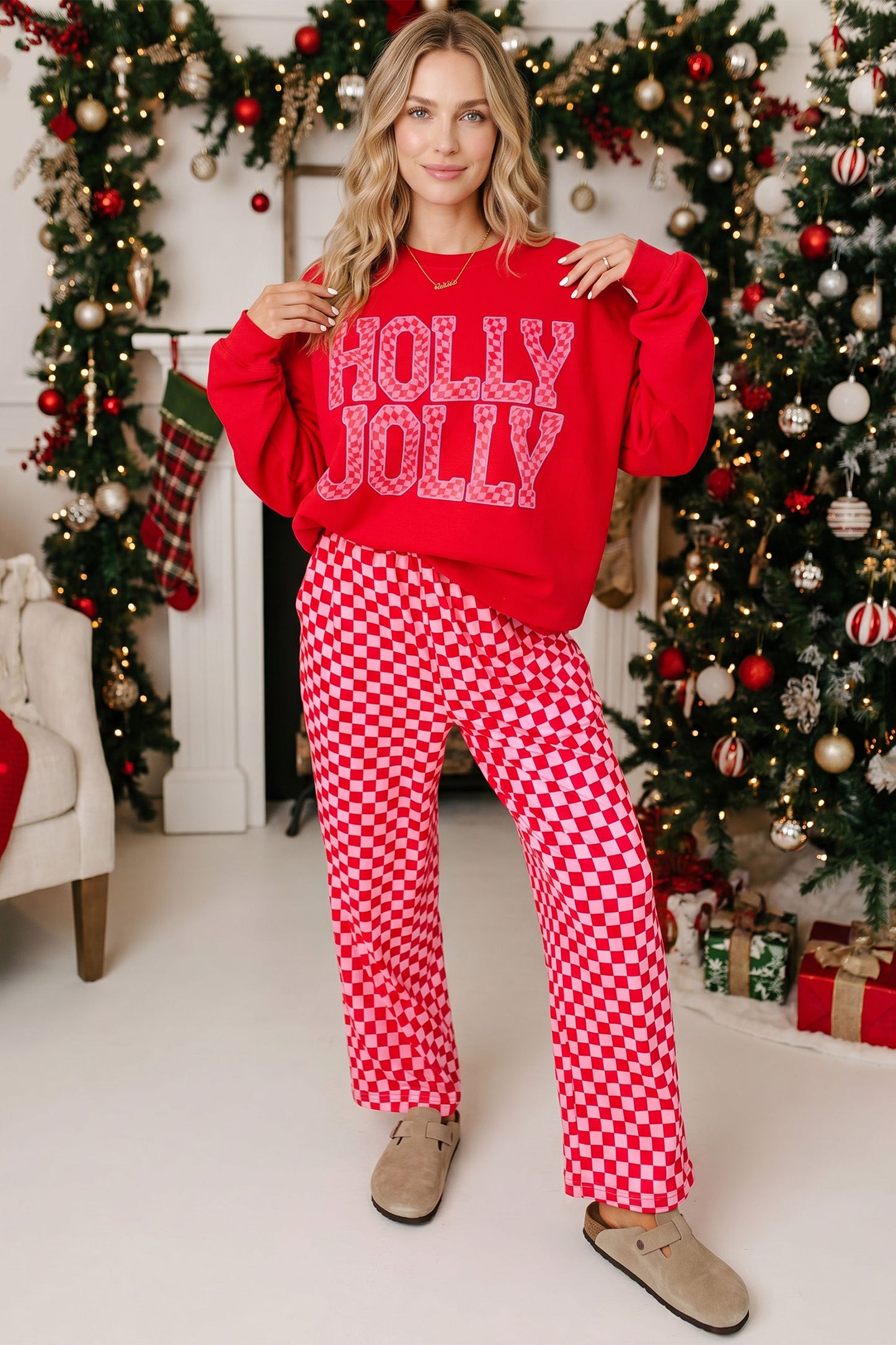 Red Merry Graphic Plaid Christmas Lounge Pant Set