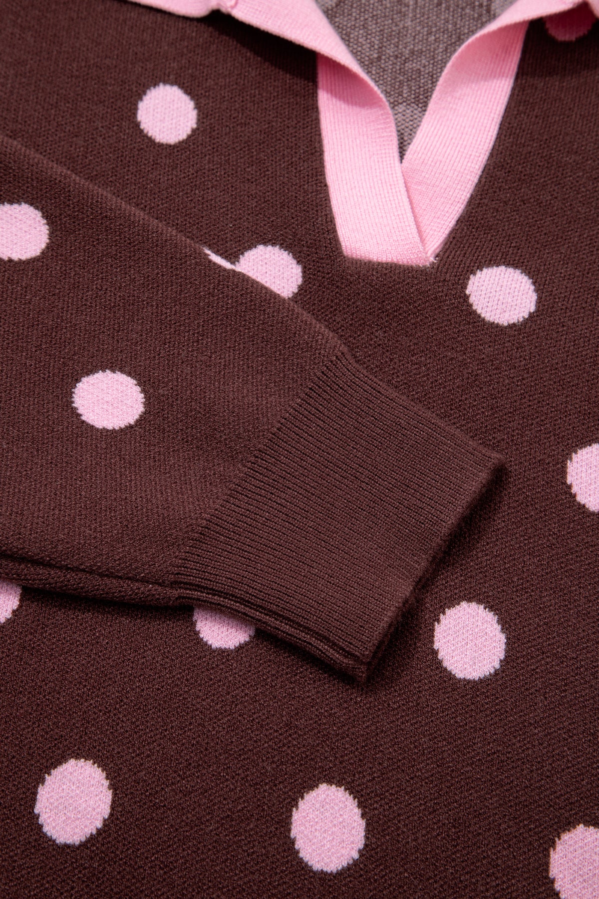 Pink Polka Dot Pattern Color Block Collared Loose Pullover Sweater