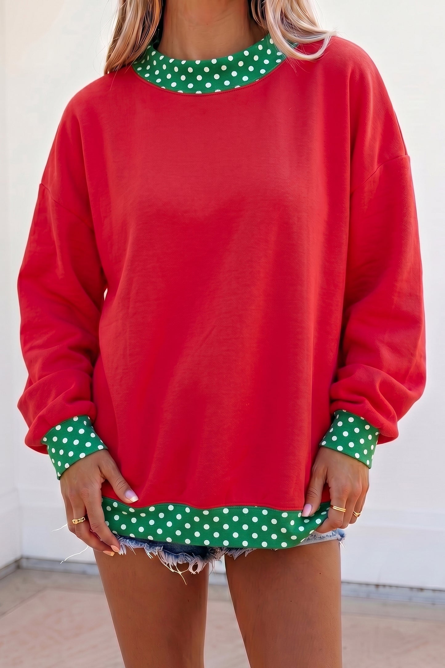 Racing Red Colorblock Polka Dot Contrast Trim Oversized Sweatshirt