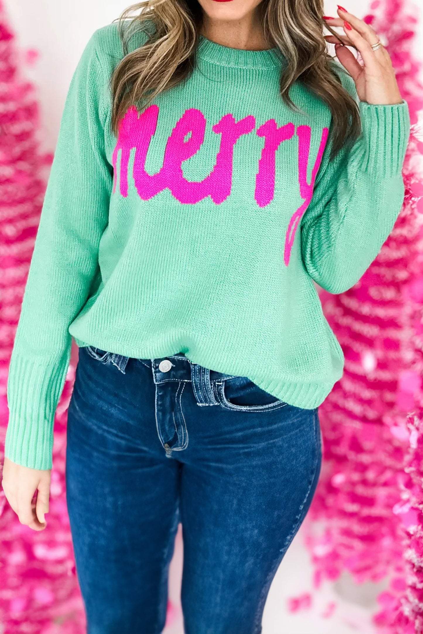 Bright Green Merry Print Ribbed Trim Round Neck Loose Fit Sweater