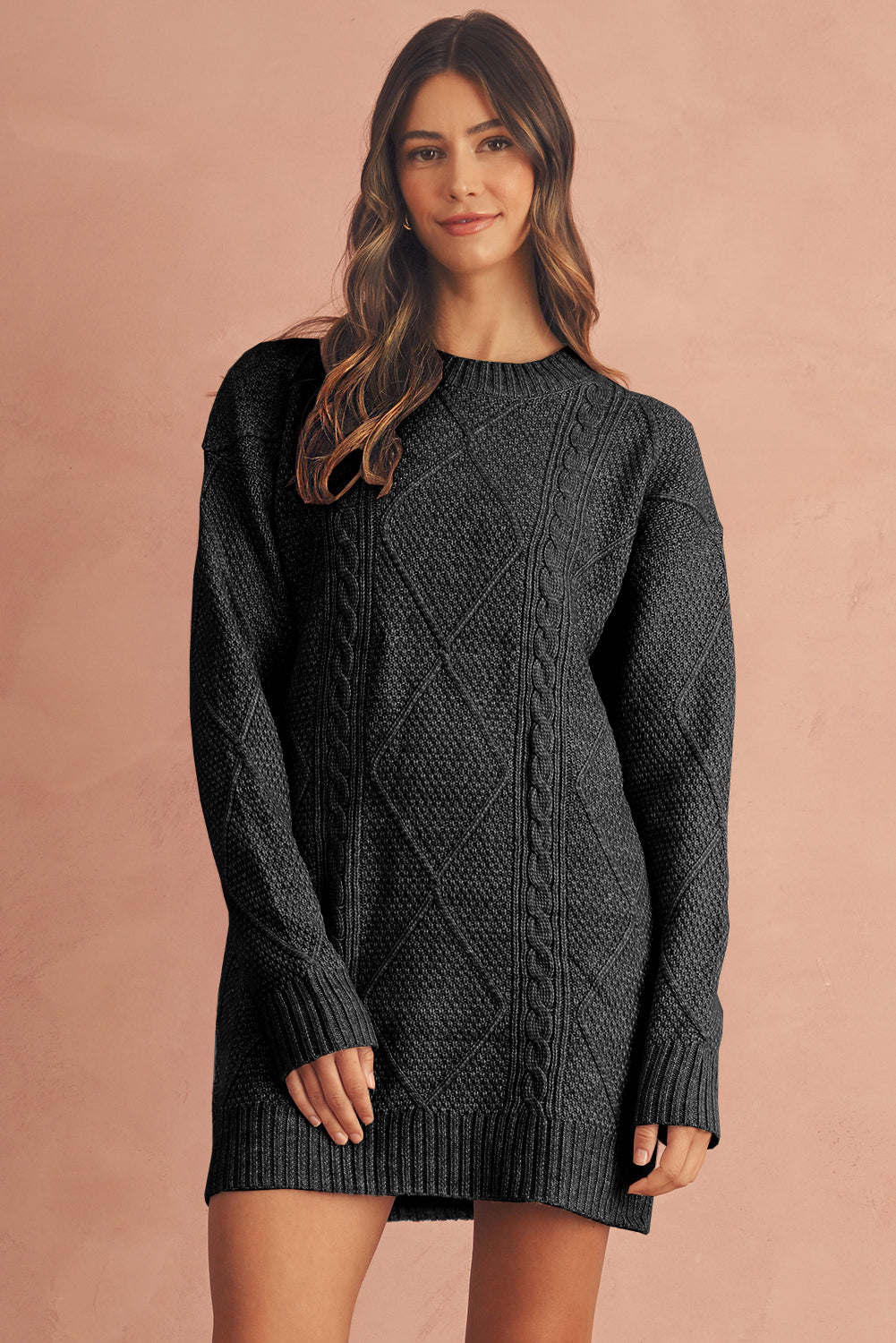 Burgundy Cable Knit Drop Shoulder Loose Fit Sweater Dress