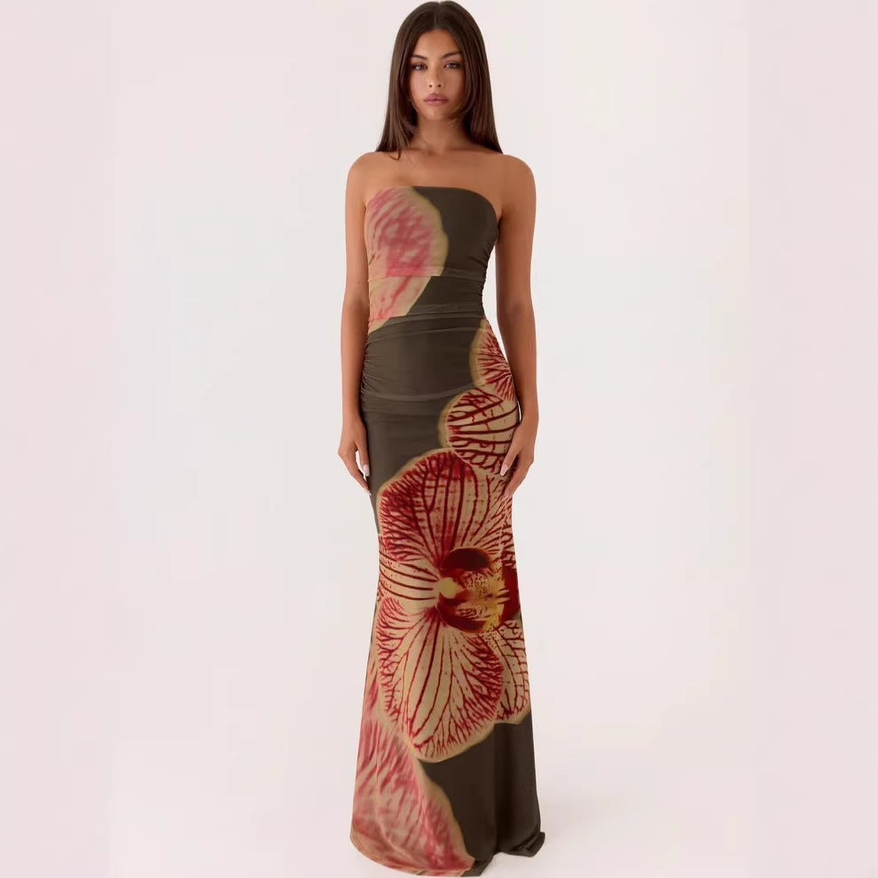 Printed strapless long dress