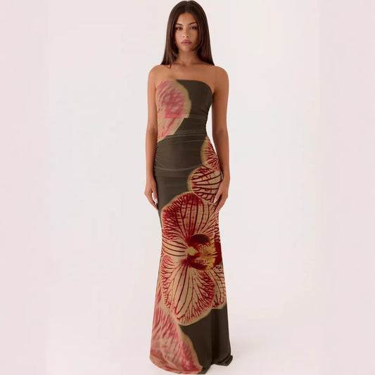 Printed strapless long dress