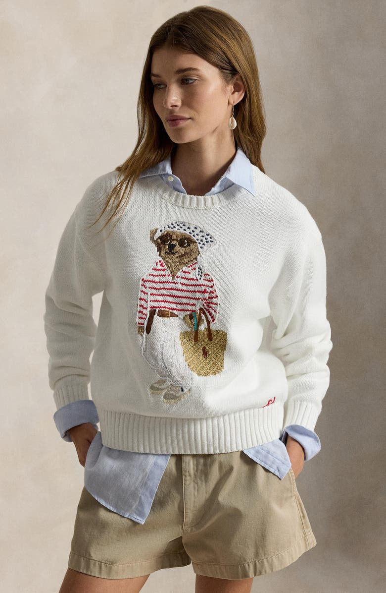 loose white, crew-neck americana sweater