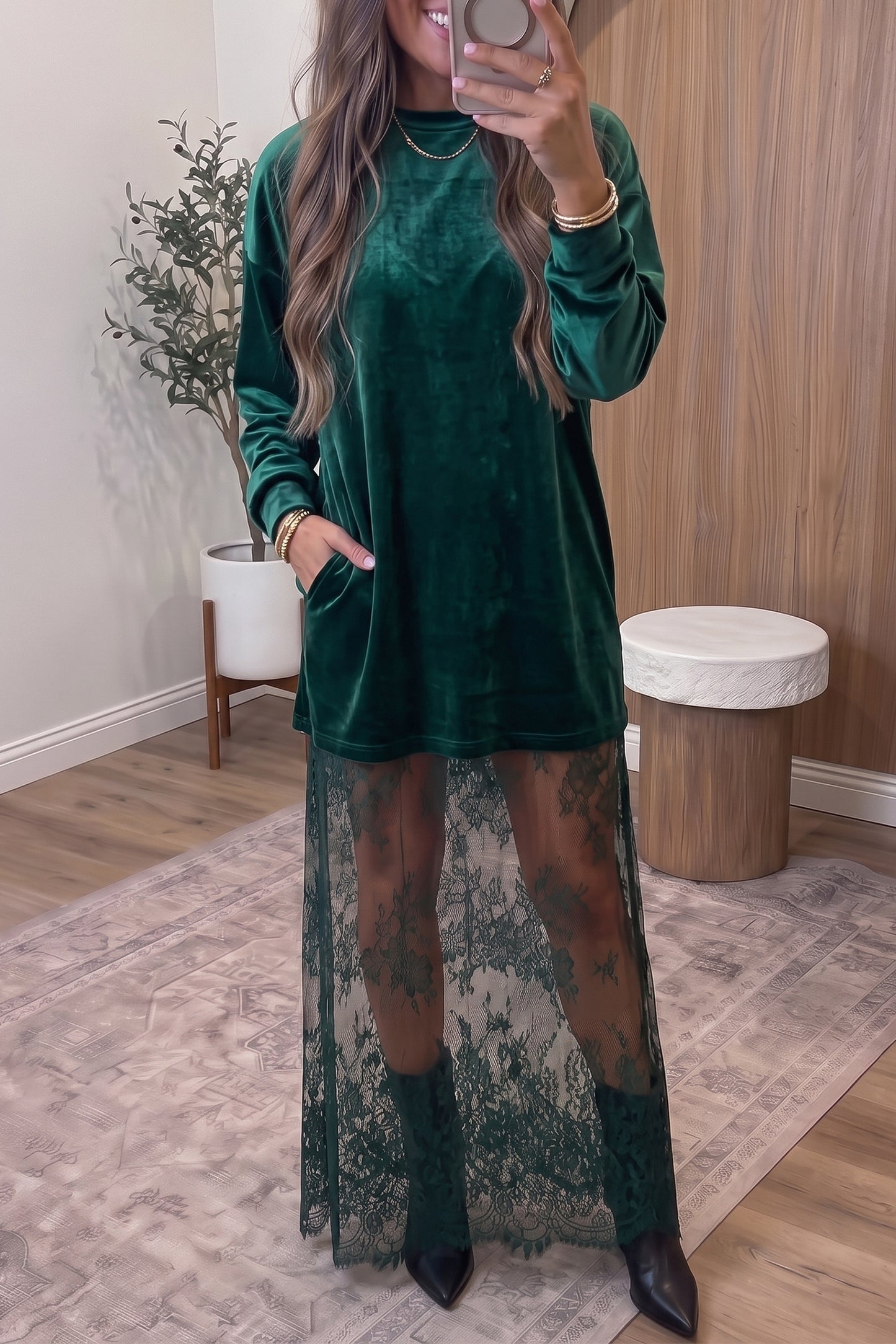 Black Velvet Long Sleeve Lace Splicing Hem Shift Maxi Dress