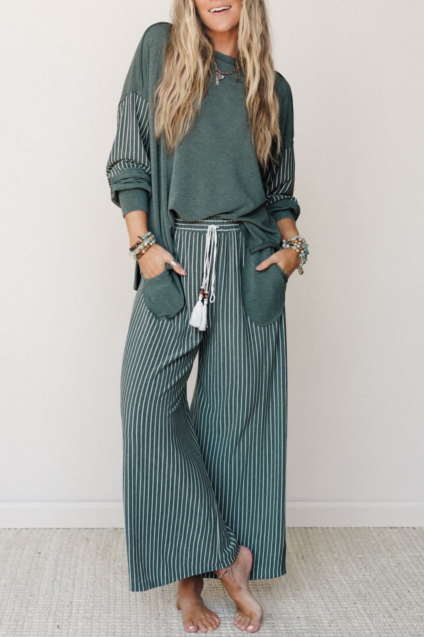 Green Bay Rae Edge Patchwork Long Sleeve Top Pocket Casual Pants 2pcs Set