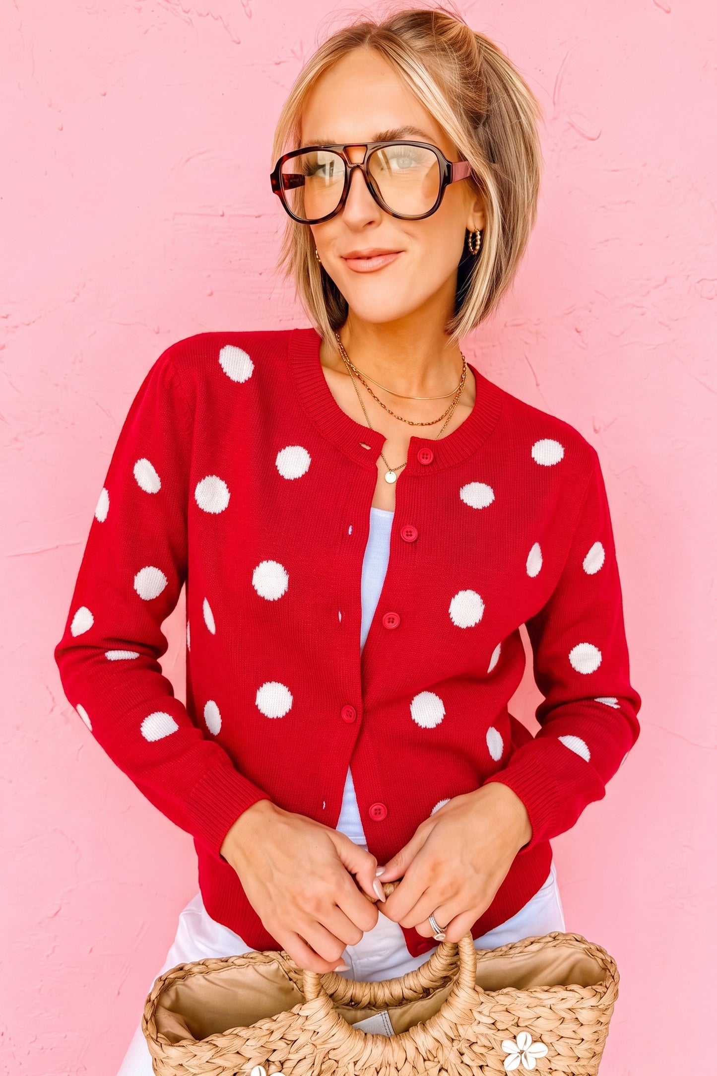 Yellow Cream Casual Polka Dot Button Front Long Sleeve Sweater Cardigan