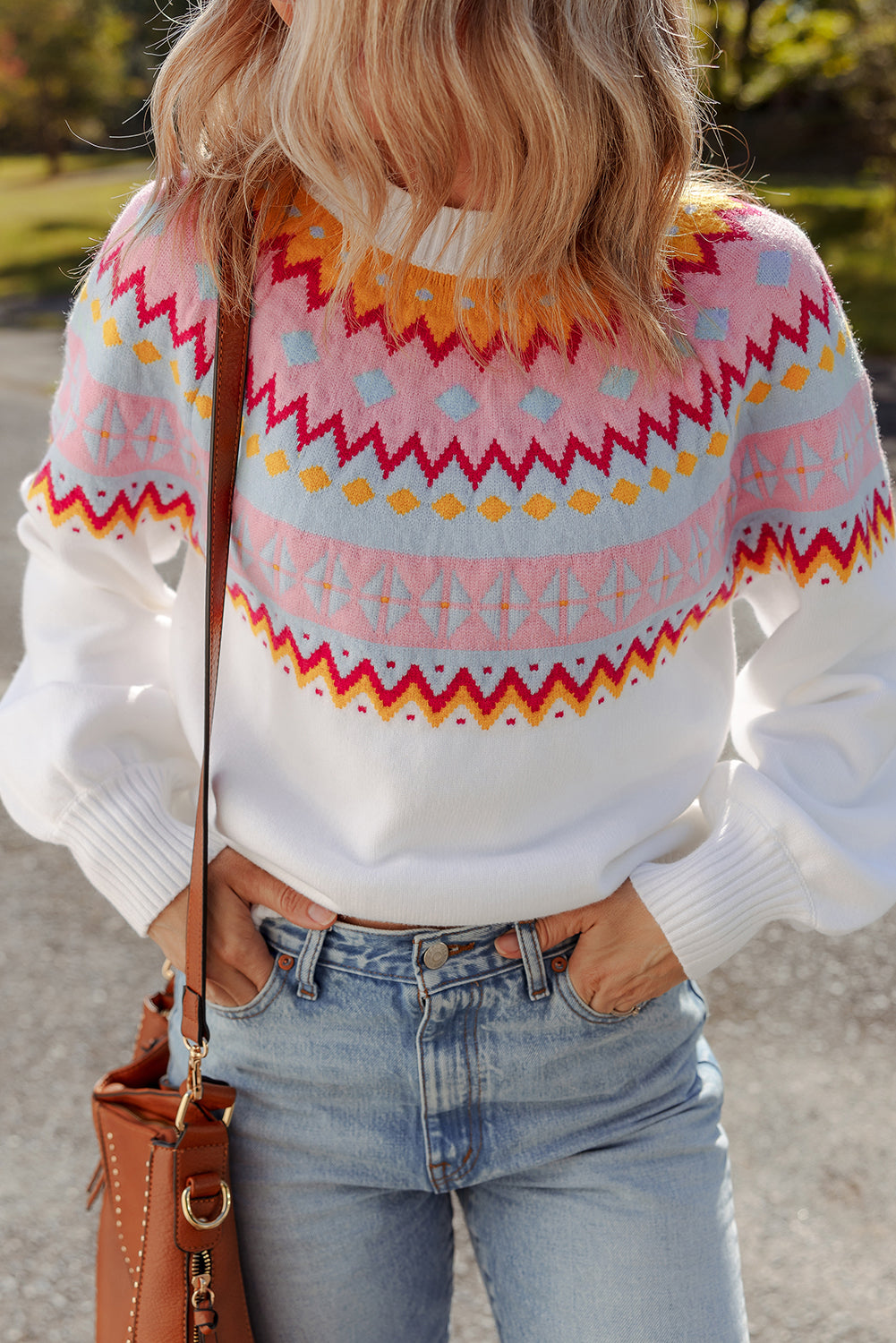 White fair isle Print Drop Shoulder Sweater