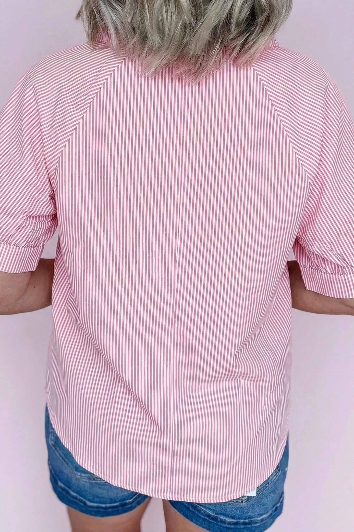 Pink Striped Print Collared Split Neck Half Sleeve Blouse