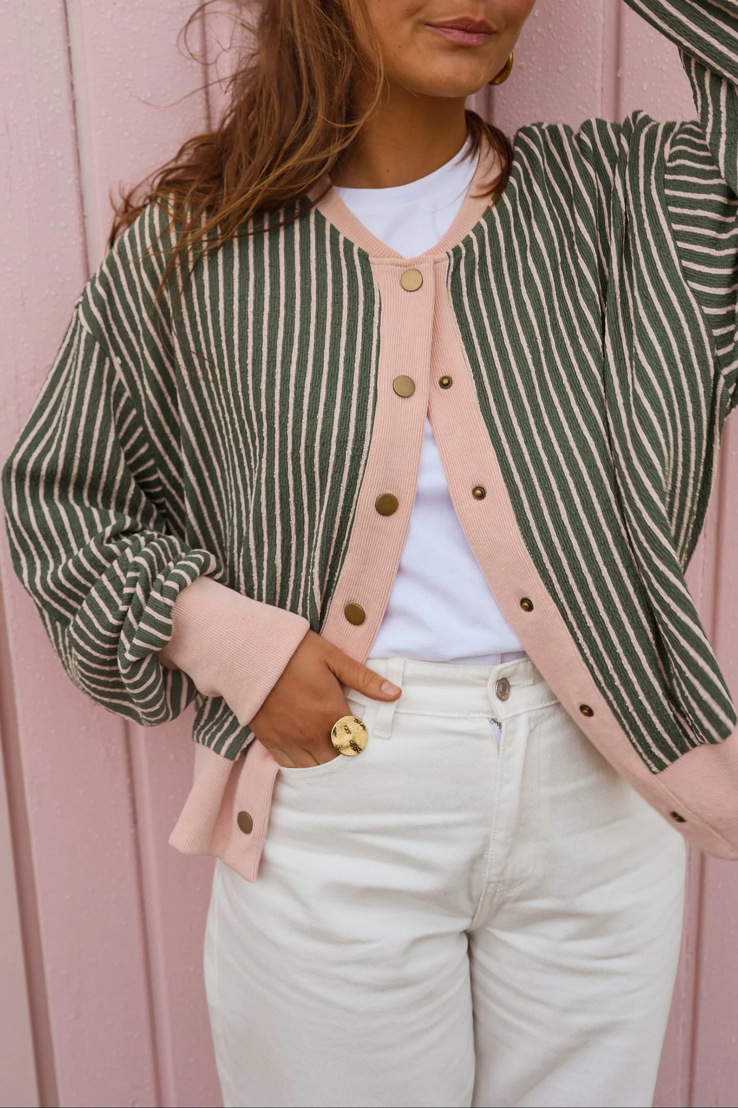 Green Stripe Striped V Neck Patchwork Long Sleeve Regular Fit Cardigan