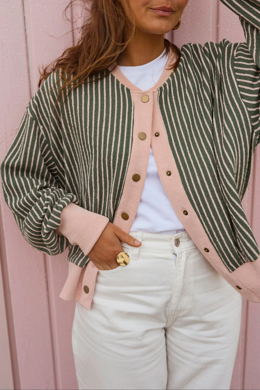 Green Stripe Striped V Neck Patchwork Long Sleeve Regular Fit Cardigan