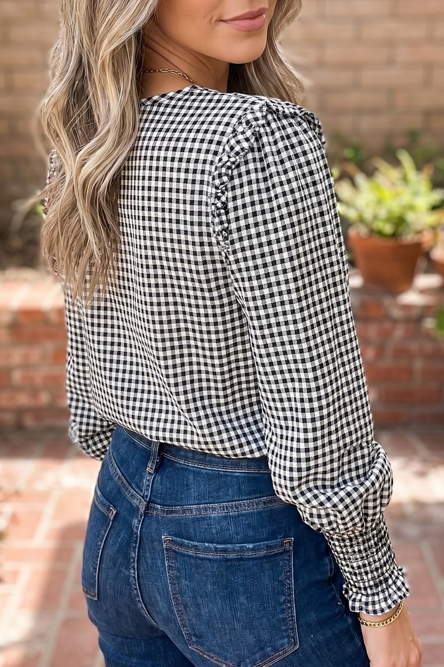 Black Plaid Long Sleeve Top Shirred Cuffs Ruffle Neckline Casual Shift Pullover