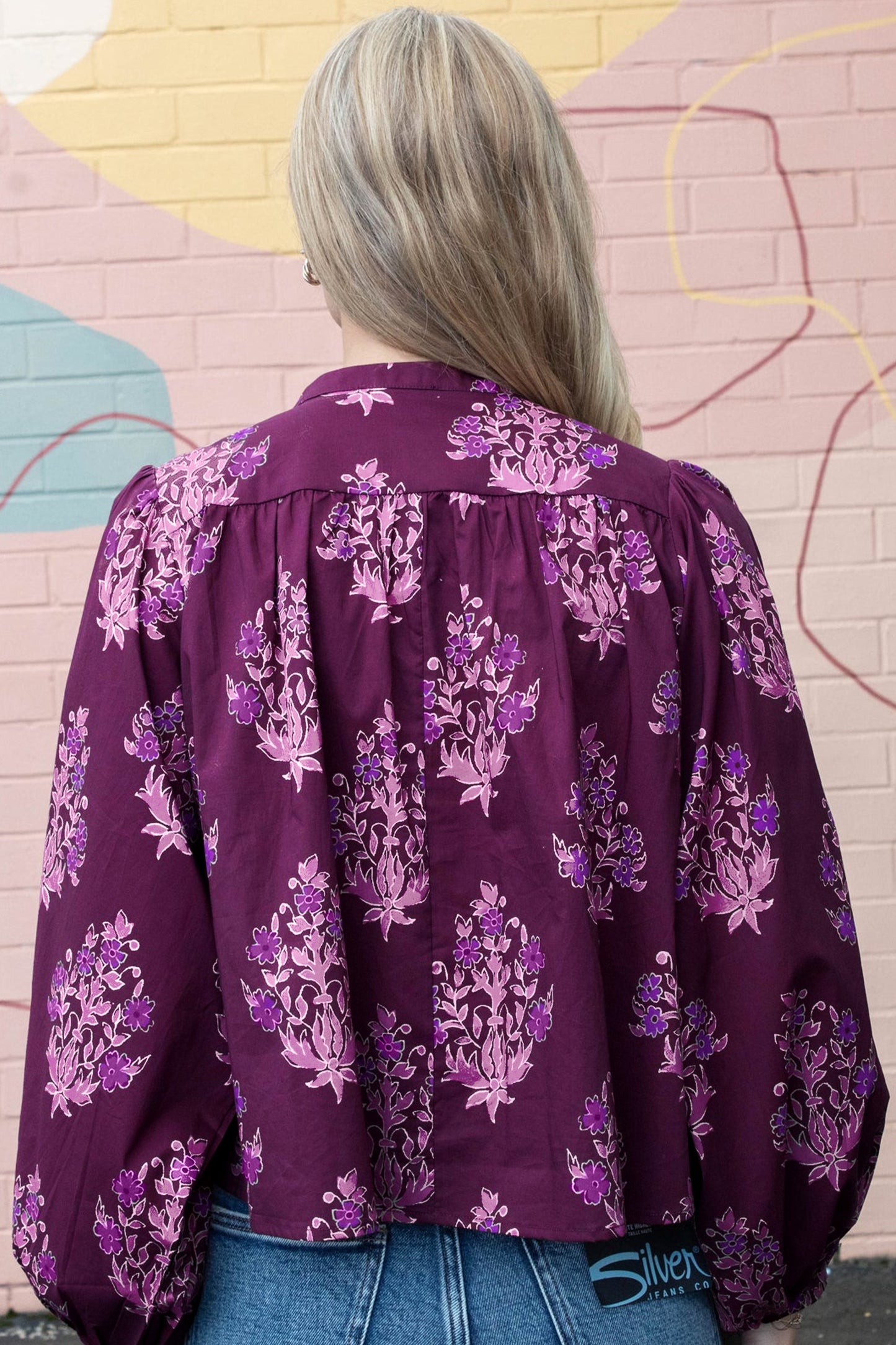 Purple Floral Print Button-Up Long Sleeve Regular Fit Shift Blouse