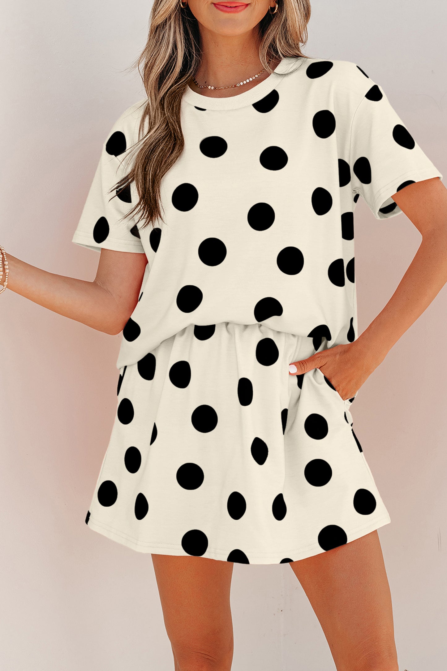 Pink Polka Dot Short Sleeve Top Casual Skort 2pcs Outfit