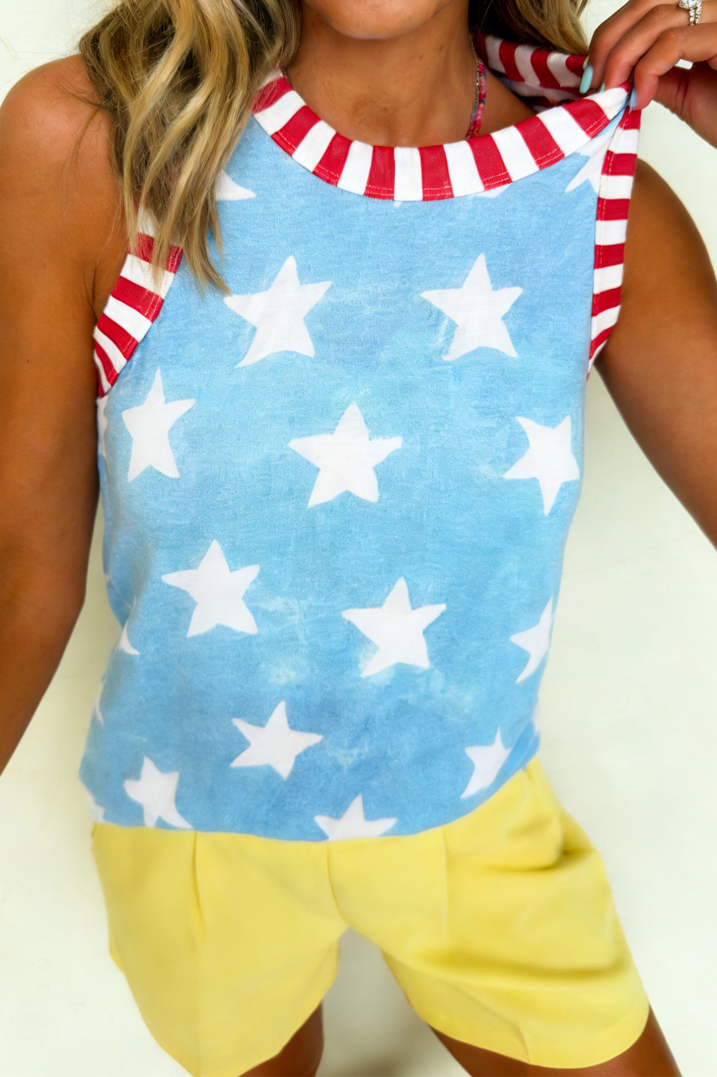 Sky Blue Tie Dye Star Print Striped Trim Round Neck Casual Tank Top
