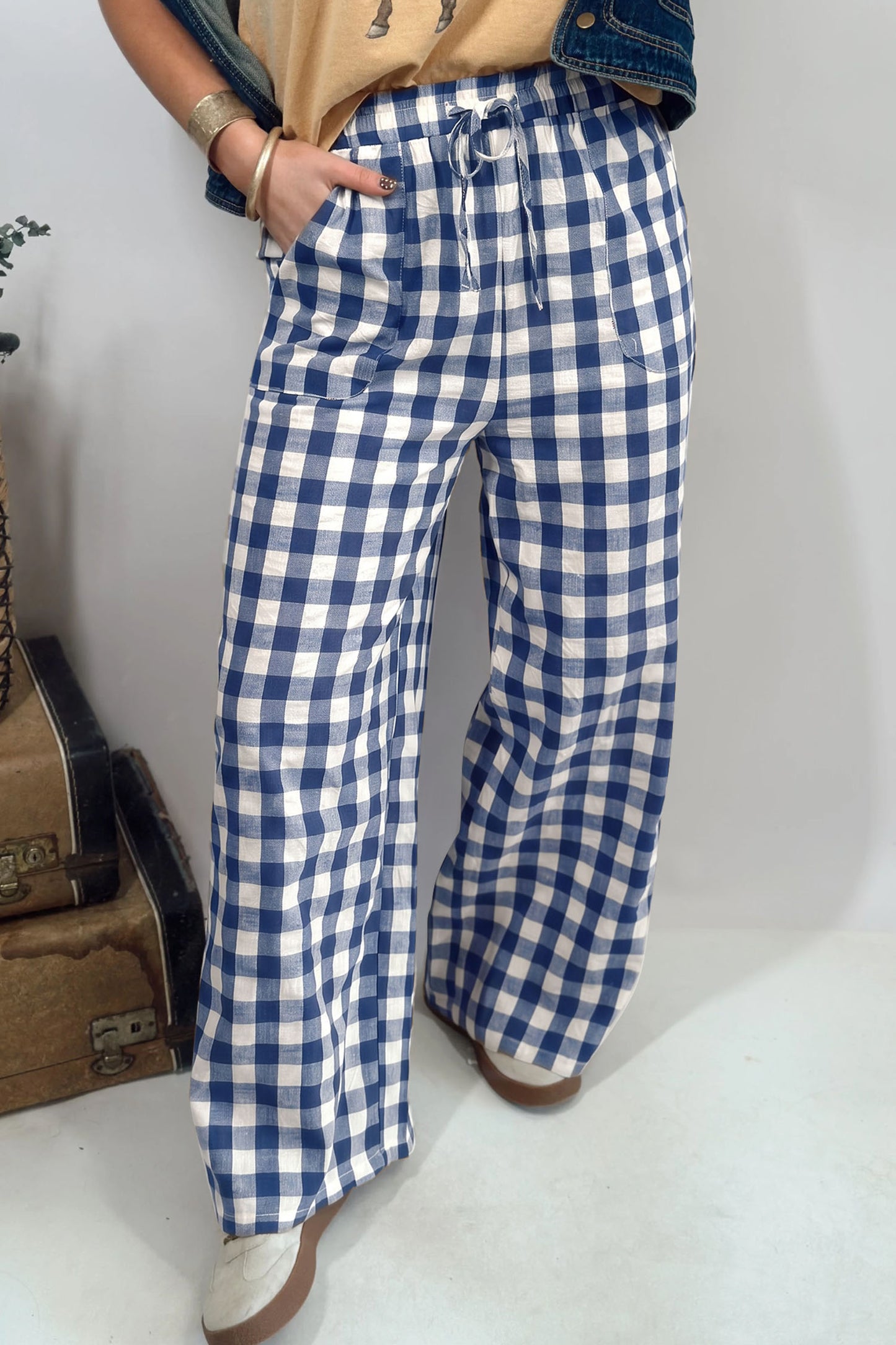 Blue Gingham Plaid Tie Elastic Waist Shift Pants
