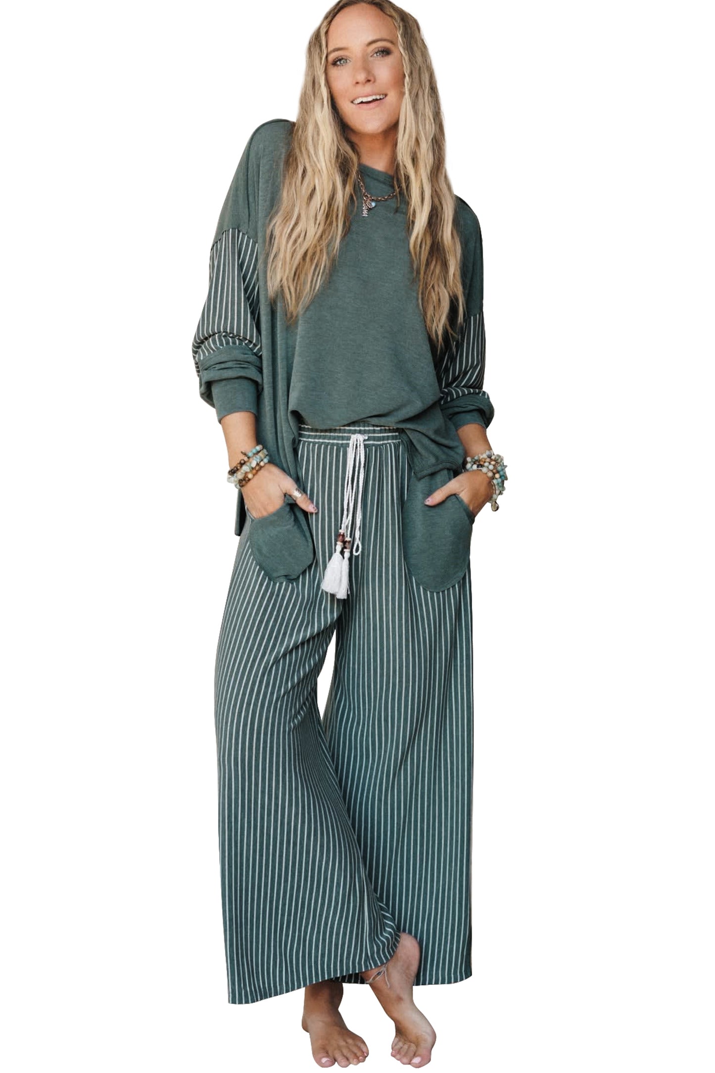 Green Bay Rae Edge Patchwork Long Sleeve Top Pocket Casual Pants 2pcs Set