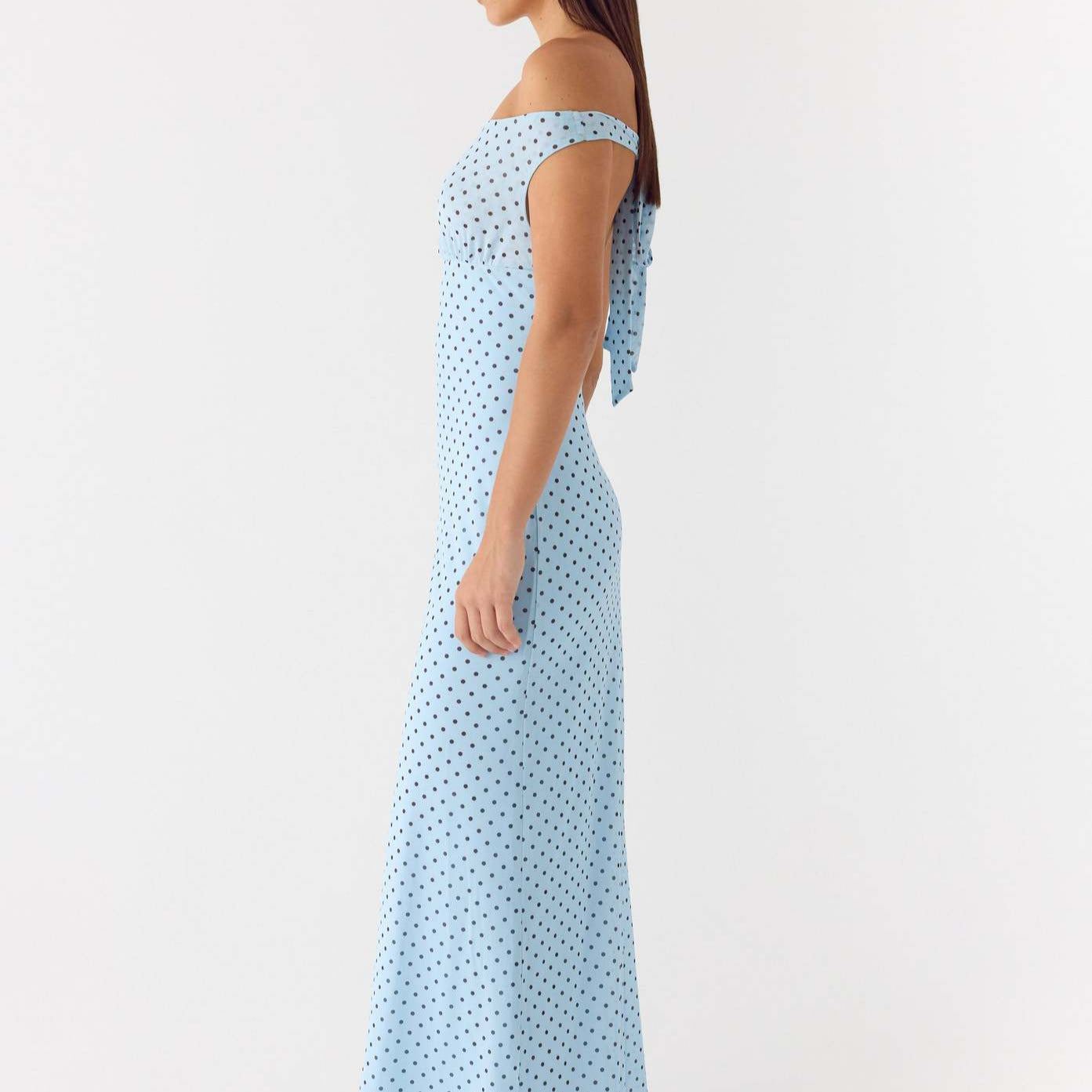 Elegant polka dot off the shoulder gown