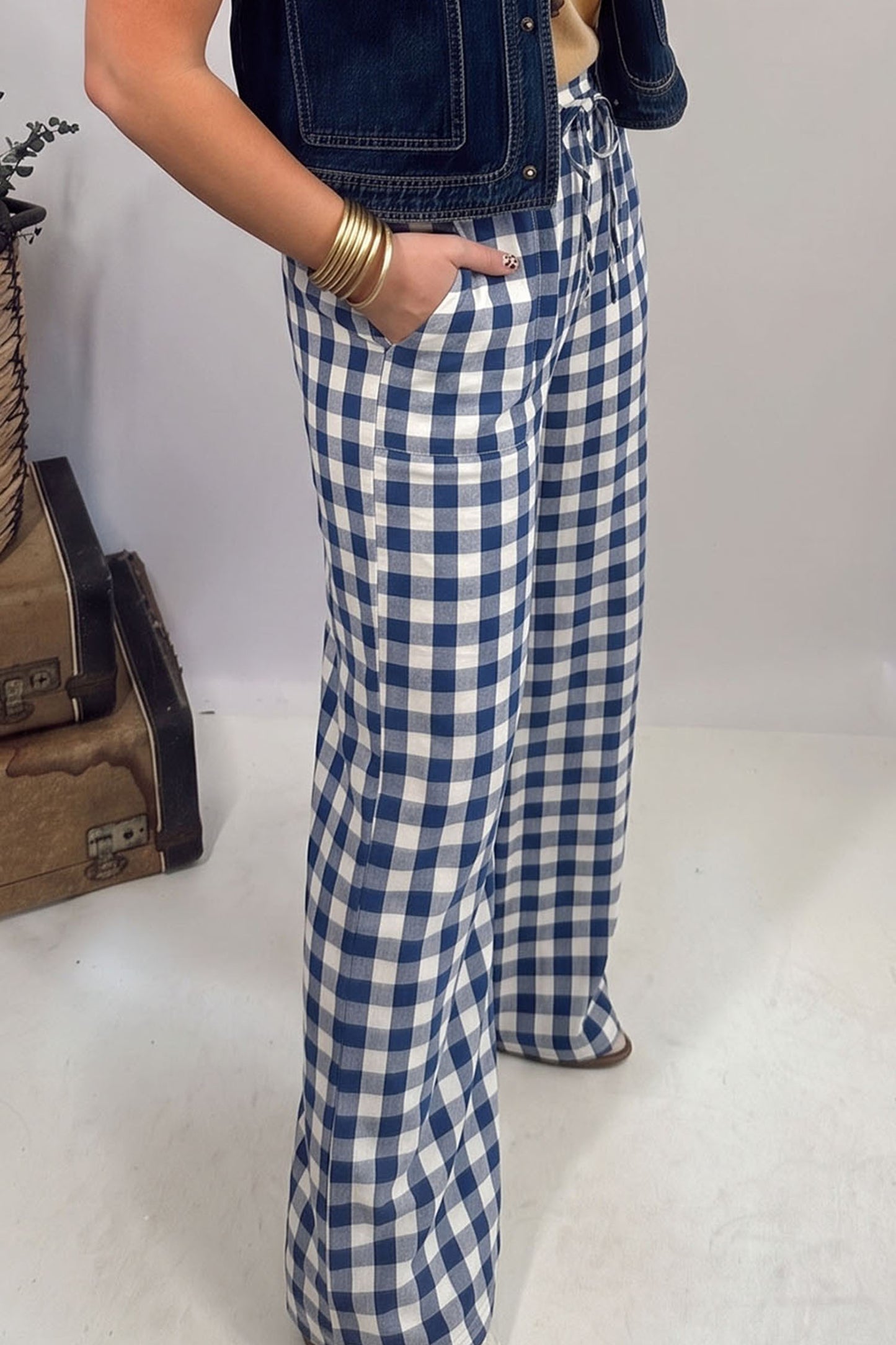 Blue Gingham Plaid Tie Elastic Waist Shift Pants