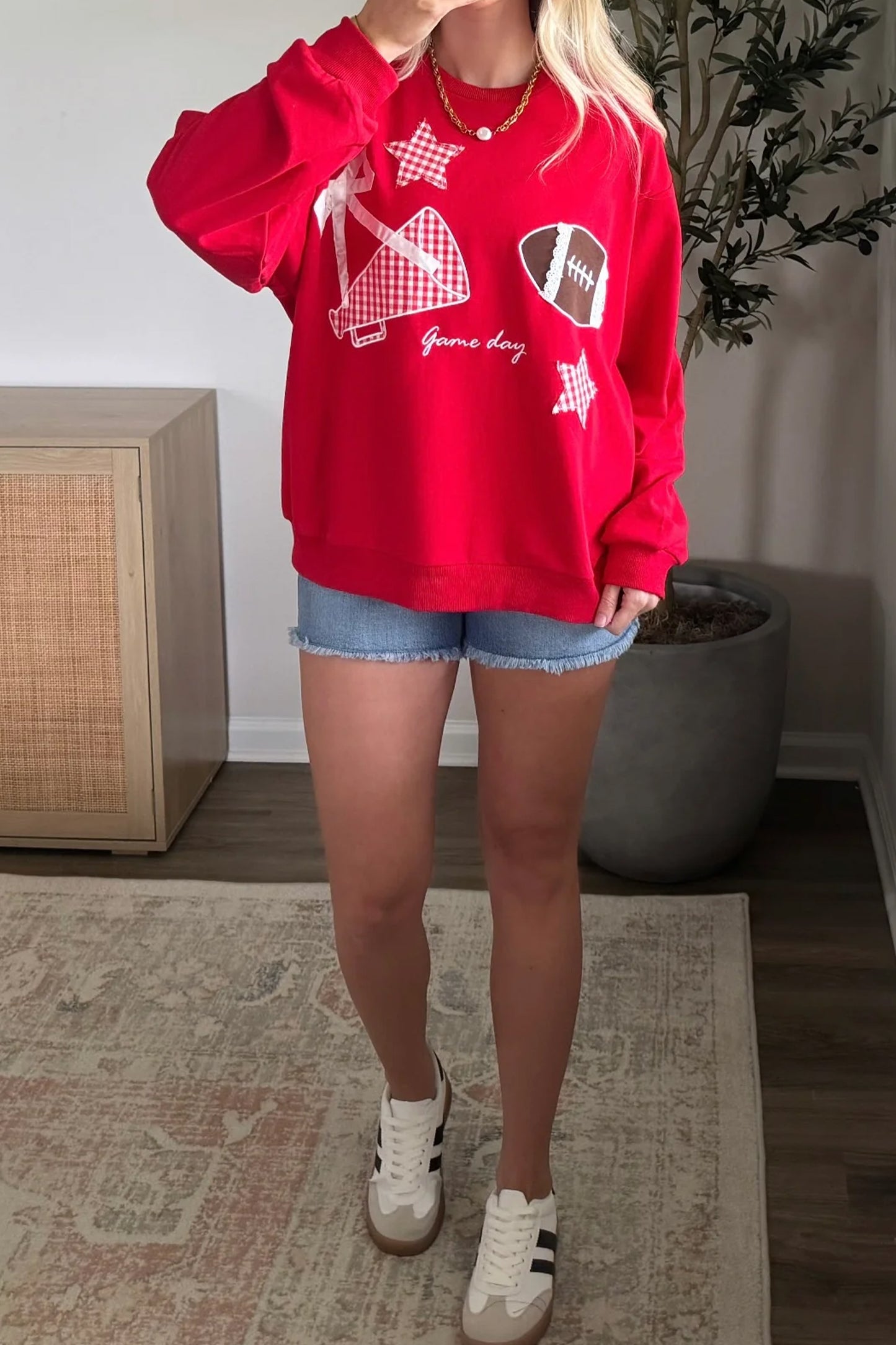 Black Gingham Patch Embroidered Rugby Game Day Stars Sweatshirt