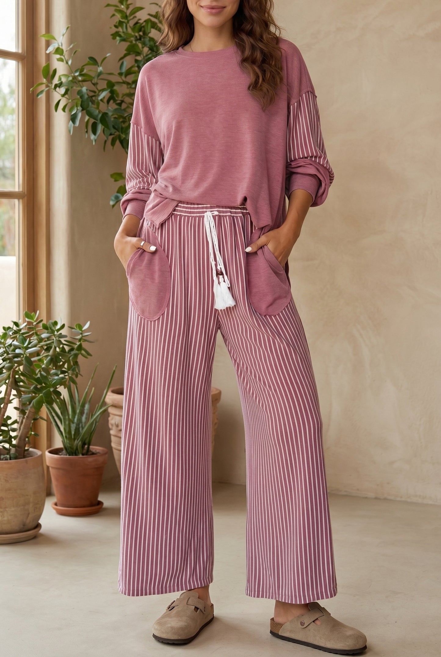 Green Bay Rae Edge Patchwork Long Sleeve Top Pocket Casual Pants 2pcs Set