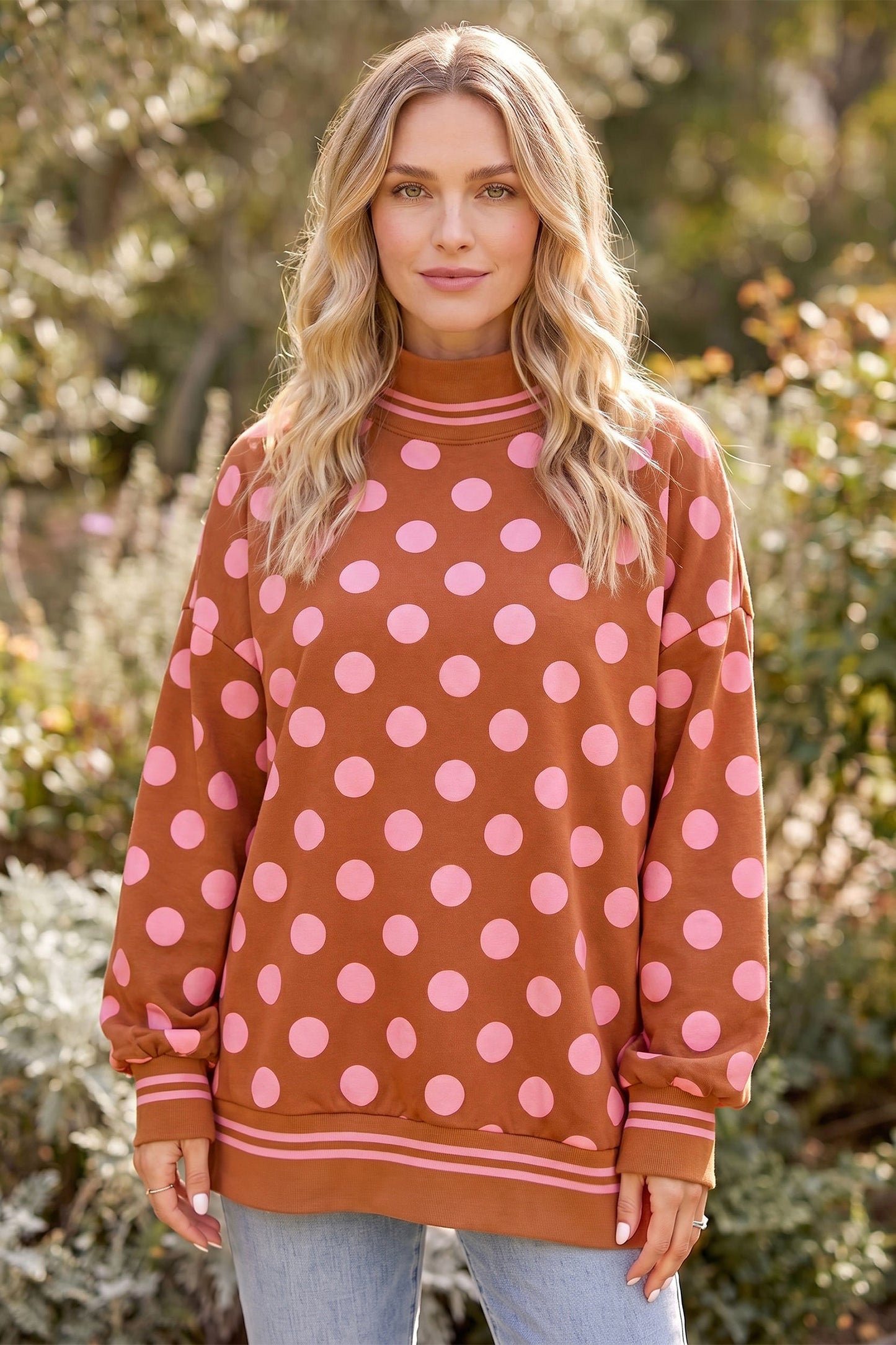 Pink Polka Dot Striped Trim Mock Neck Sweatshirt