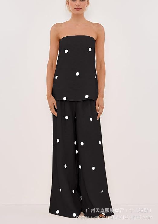 Women's style casual polka dot strapless tank top + high-waisted wide-leg pants