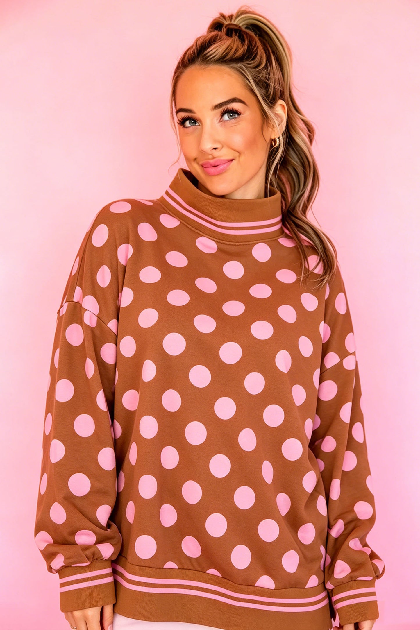 Pink Polka Dot Striped Trim Mock Neck Sweatshirt
