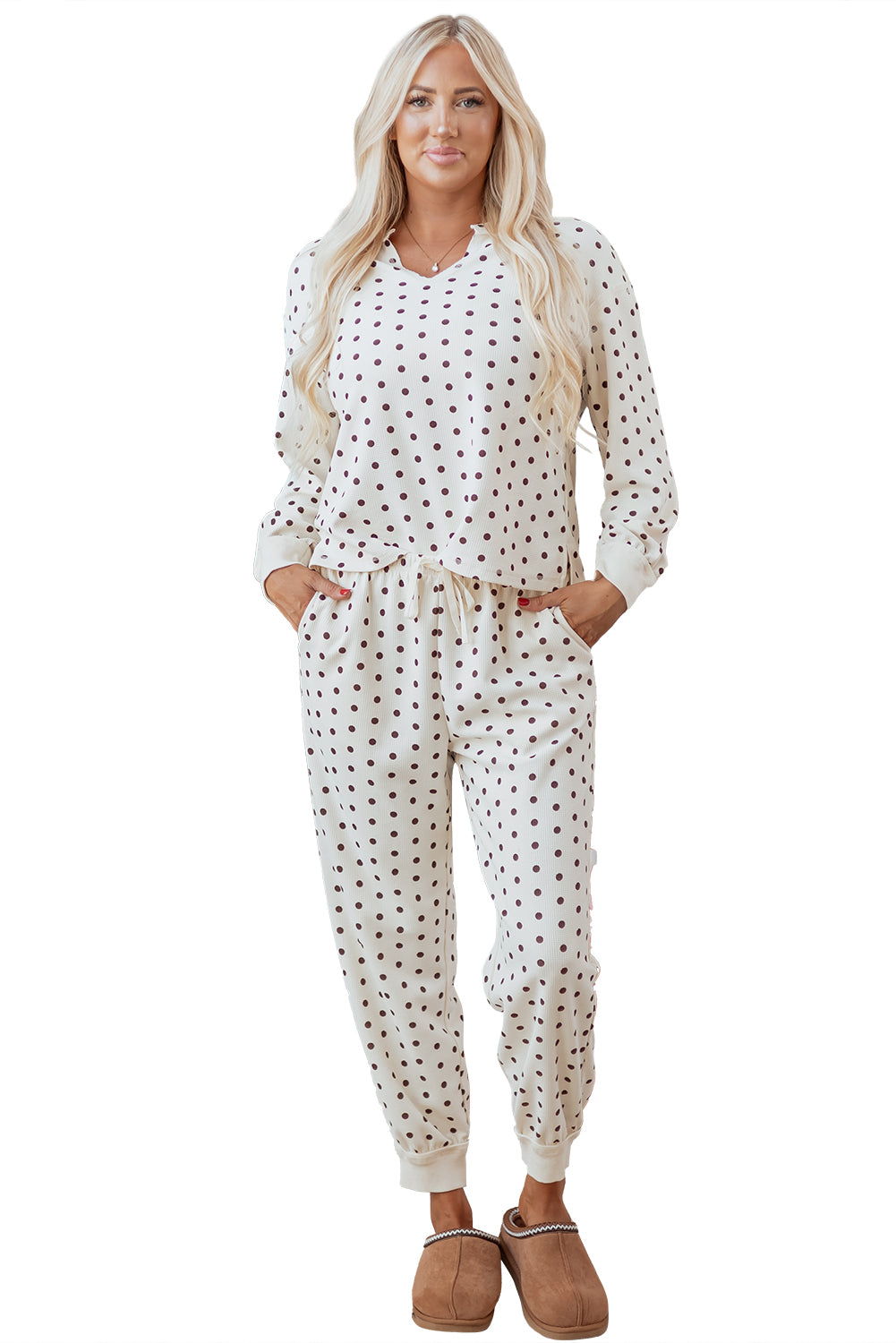 White Polka Dot Print Long Sleeve Top Drawstring Jogger Pants Lounge Set