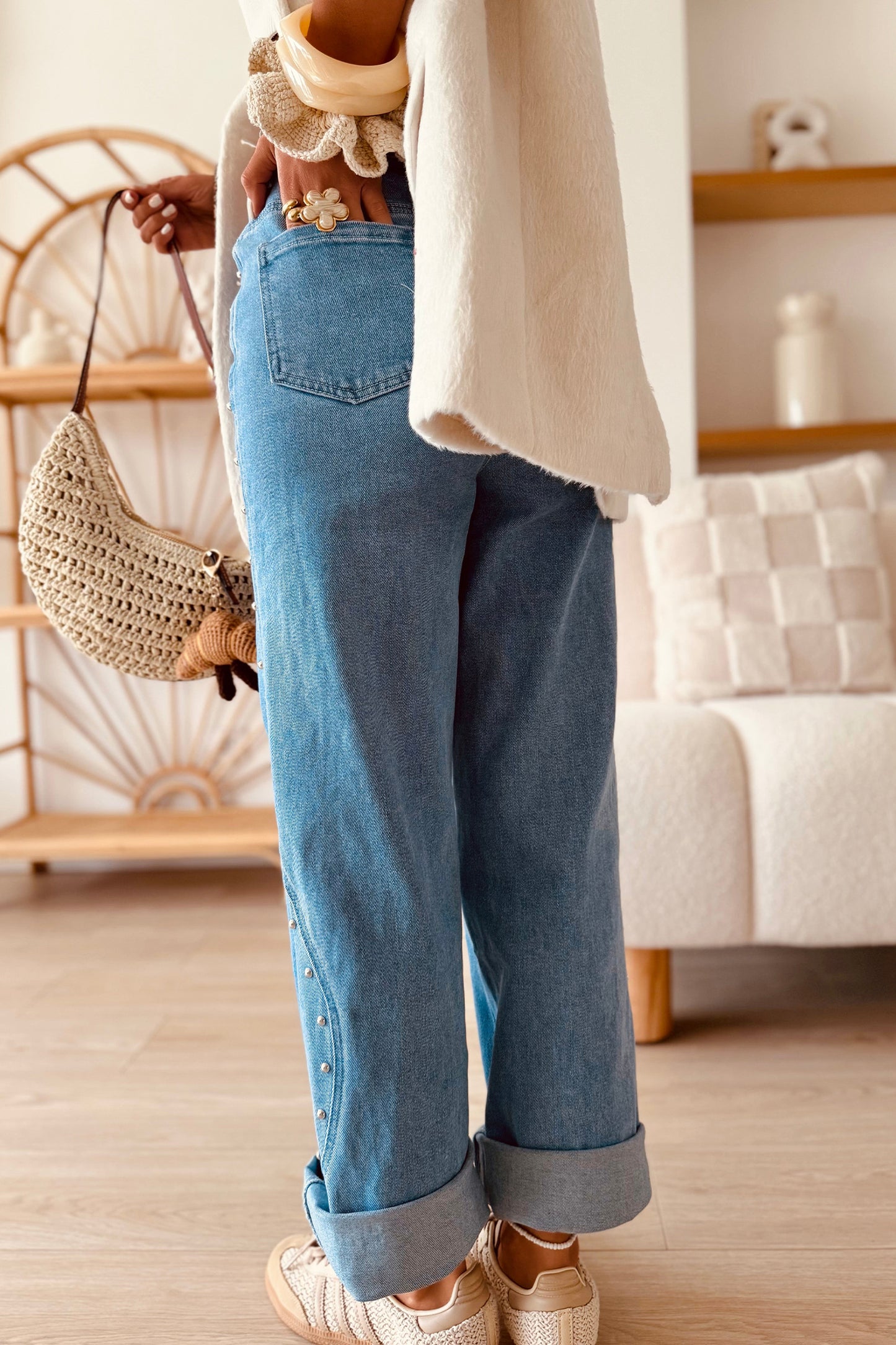 Dusk Blue Side Seam Rivet Detail Regular Fit Ankle Length Casual Jeans