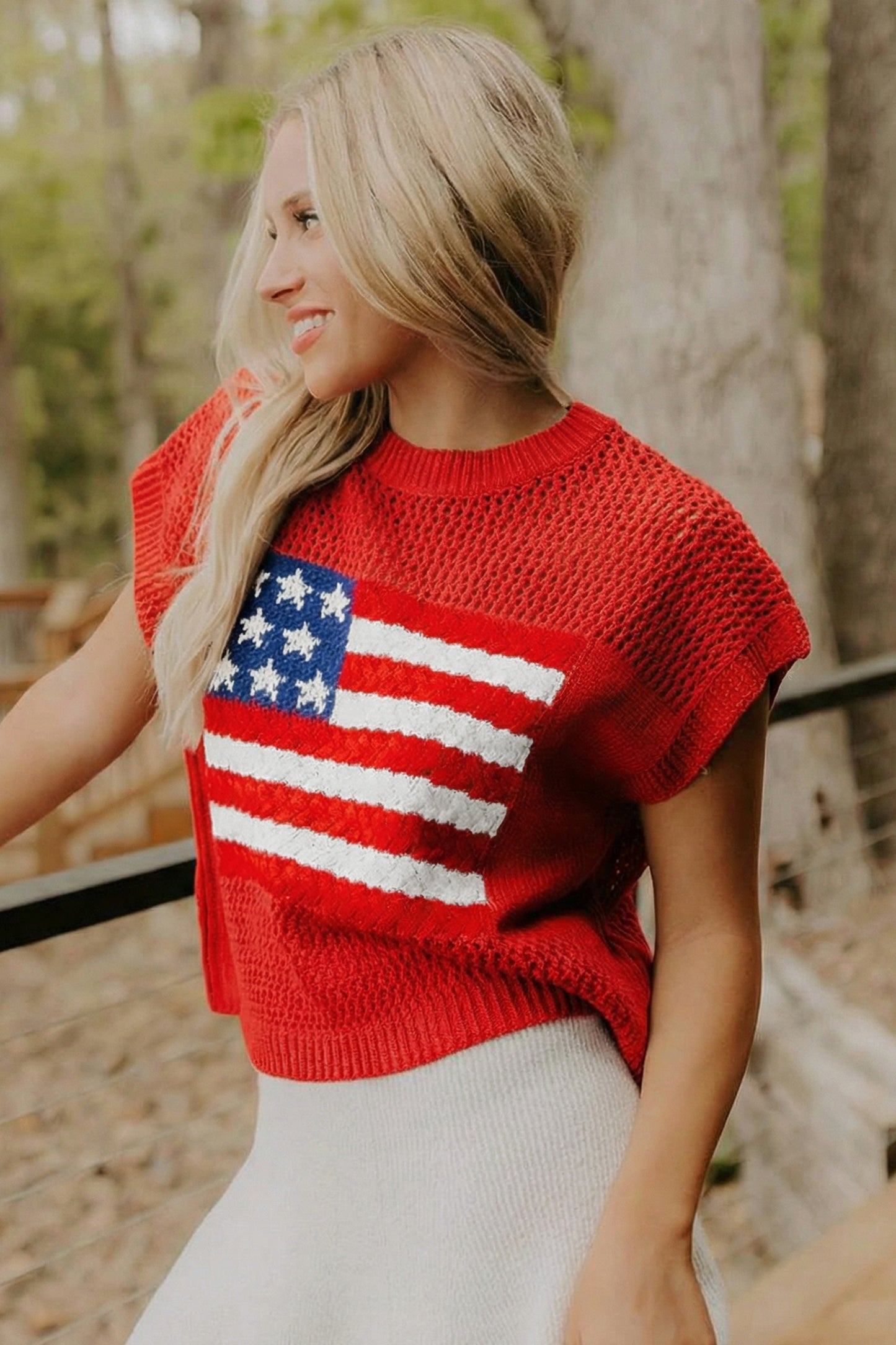 Fiery Red Flag Graphic Short Sleeve Sweater Top