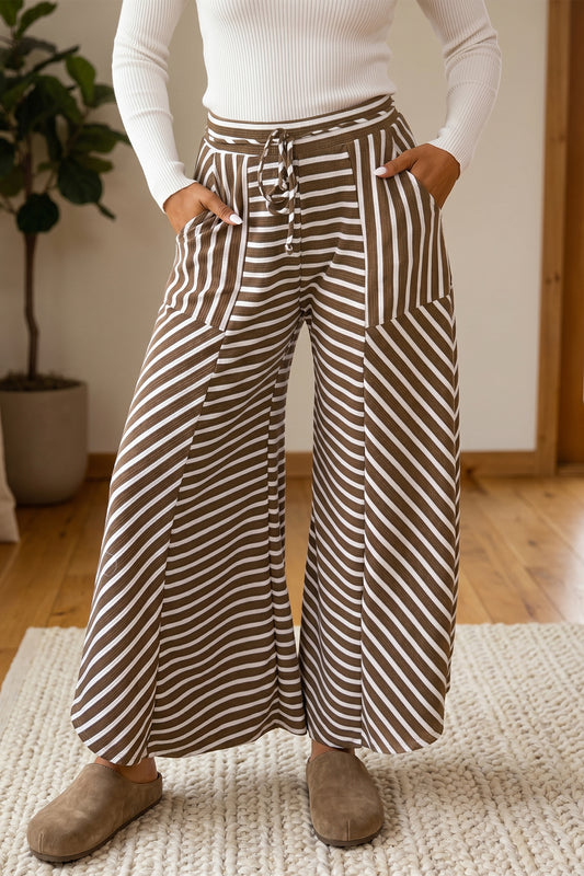 Khaki Stripe Patchwork Design Wide Leg Casual Pants