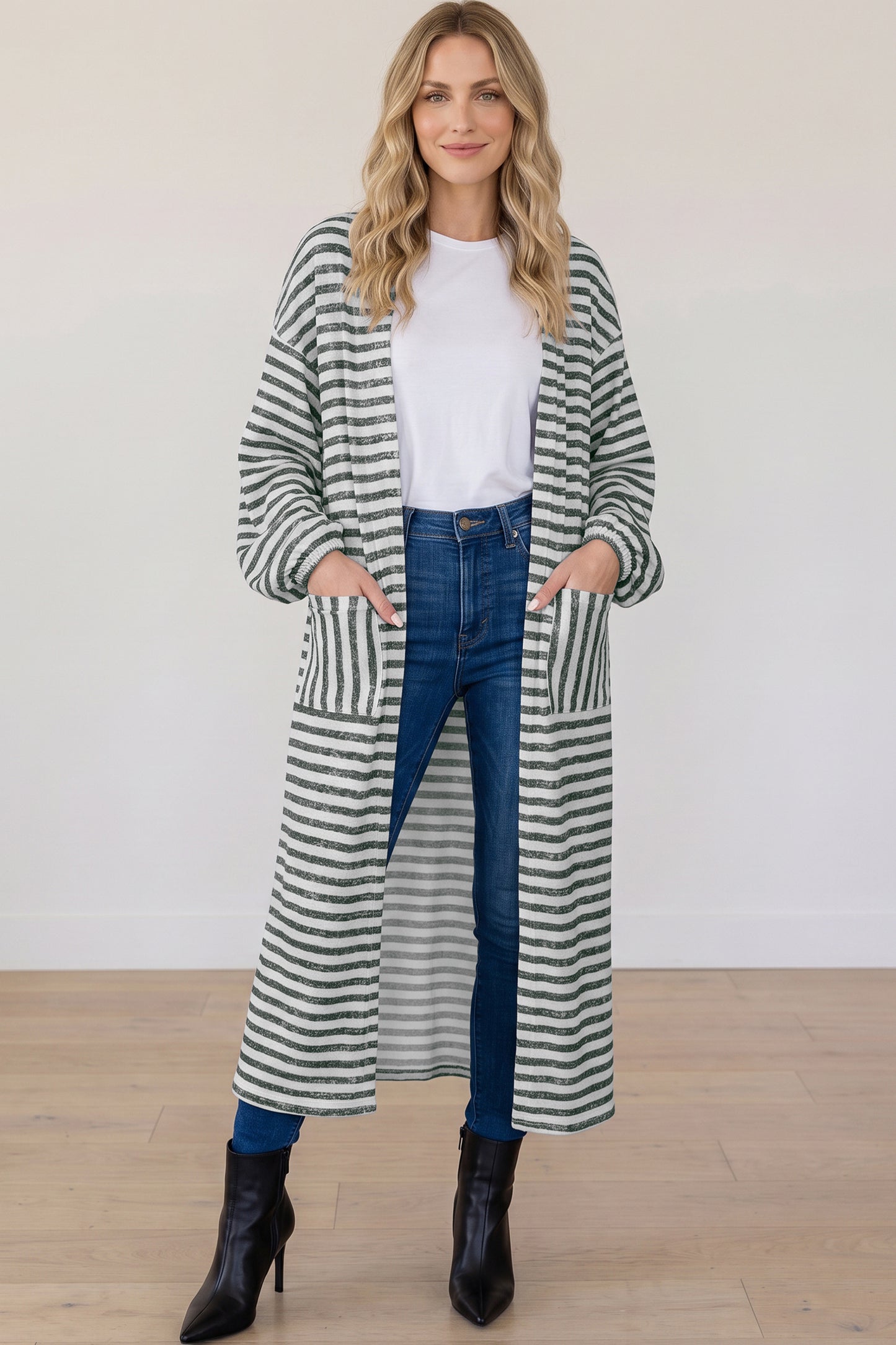 Khaki Stripe Long Puff Sleeve Open Front Oversized Long Cardigan