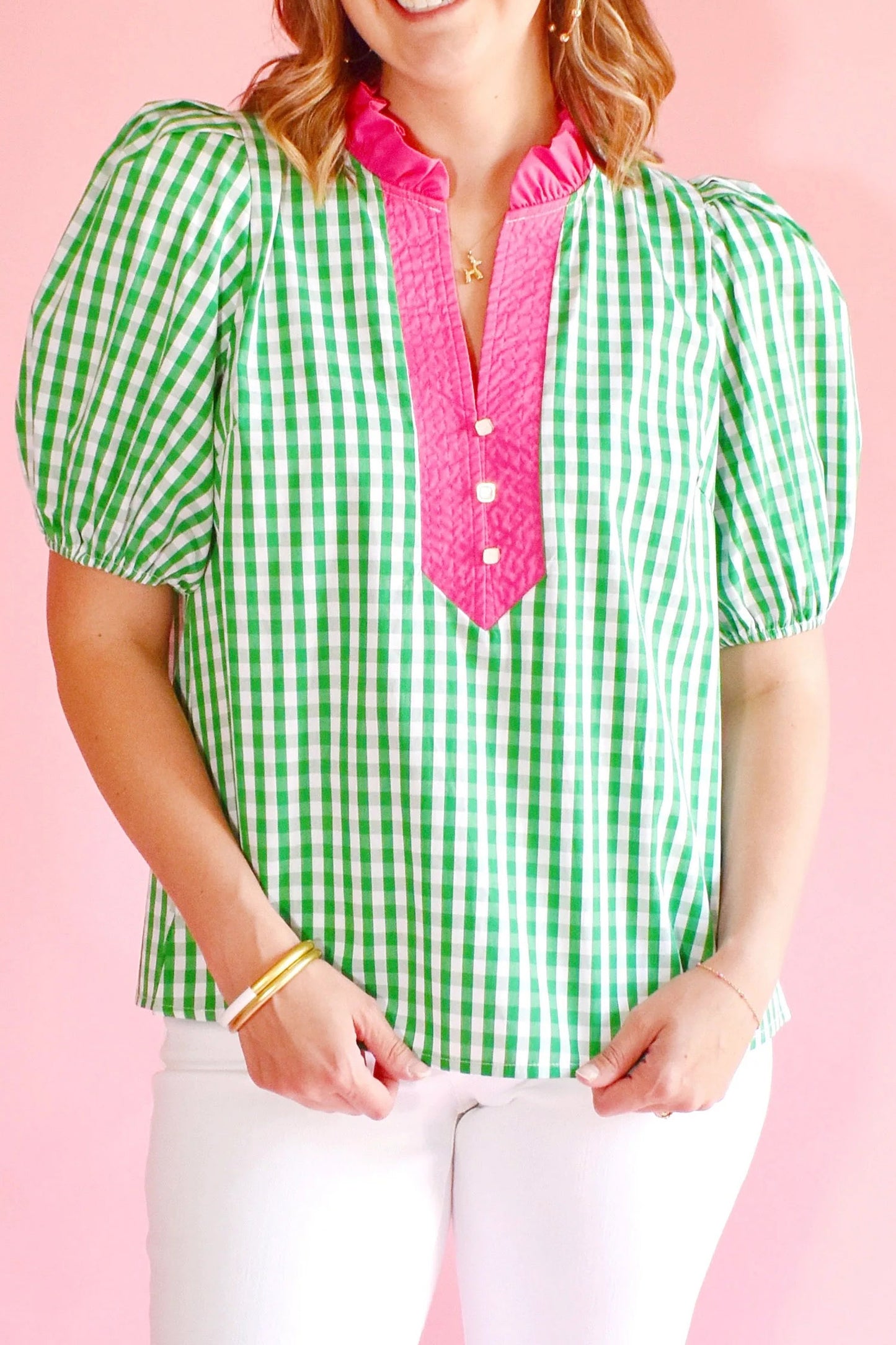 Green Gingham Plaid Bubble Sleeve Colorblock Trim V Neck Blouse