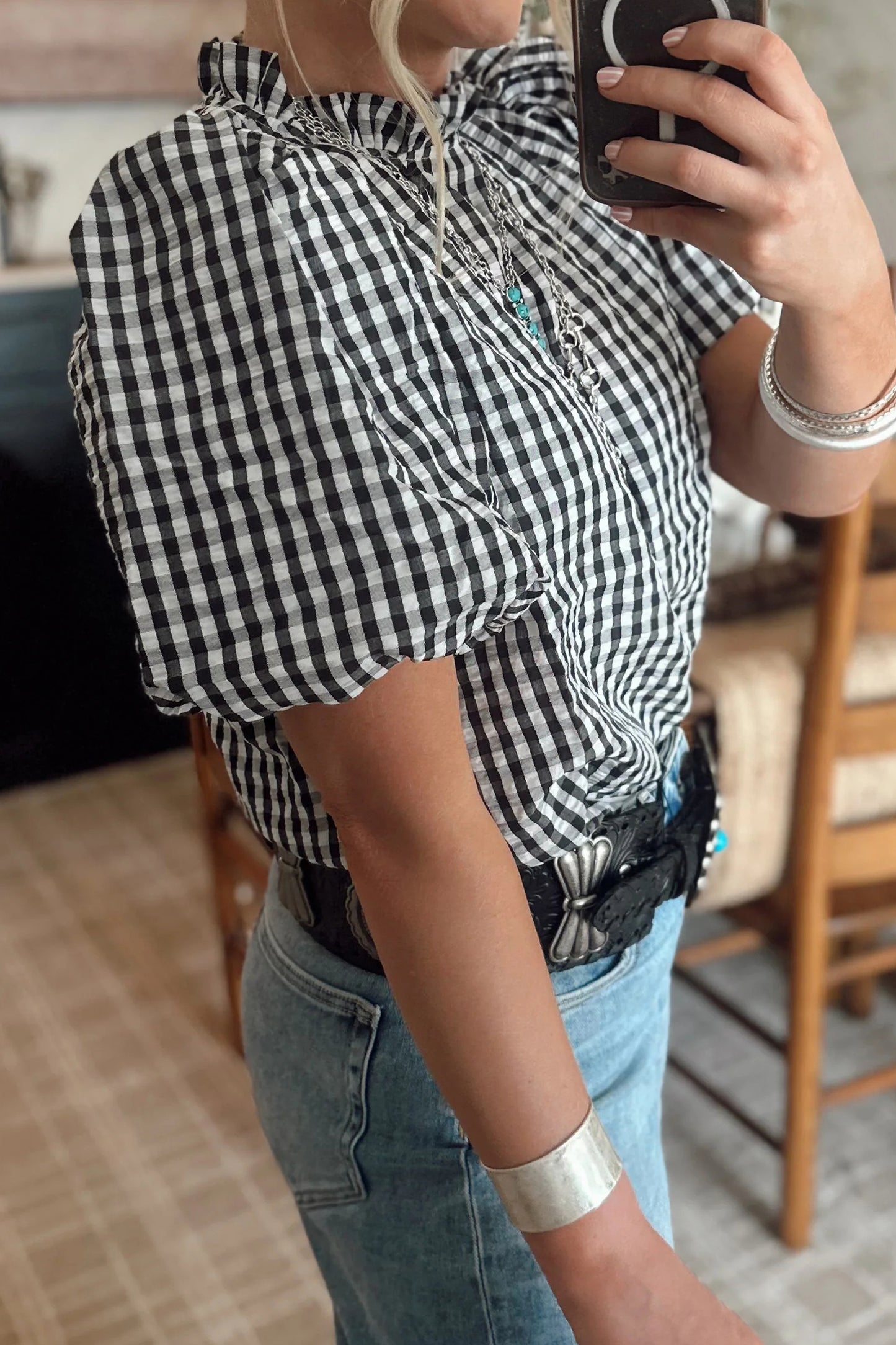 Black Plaid Short Puff Sleeve Frilled Neck Blouse