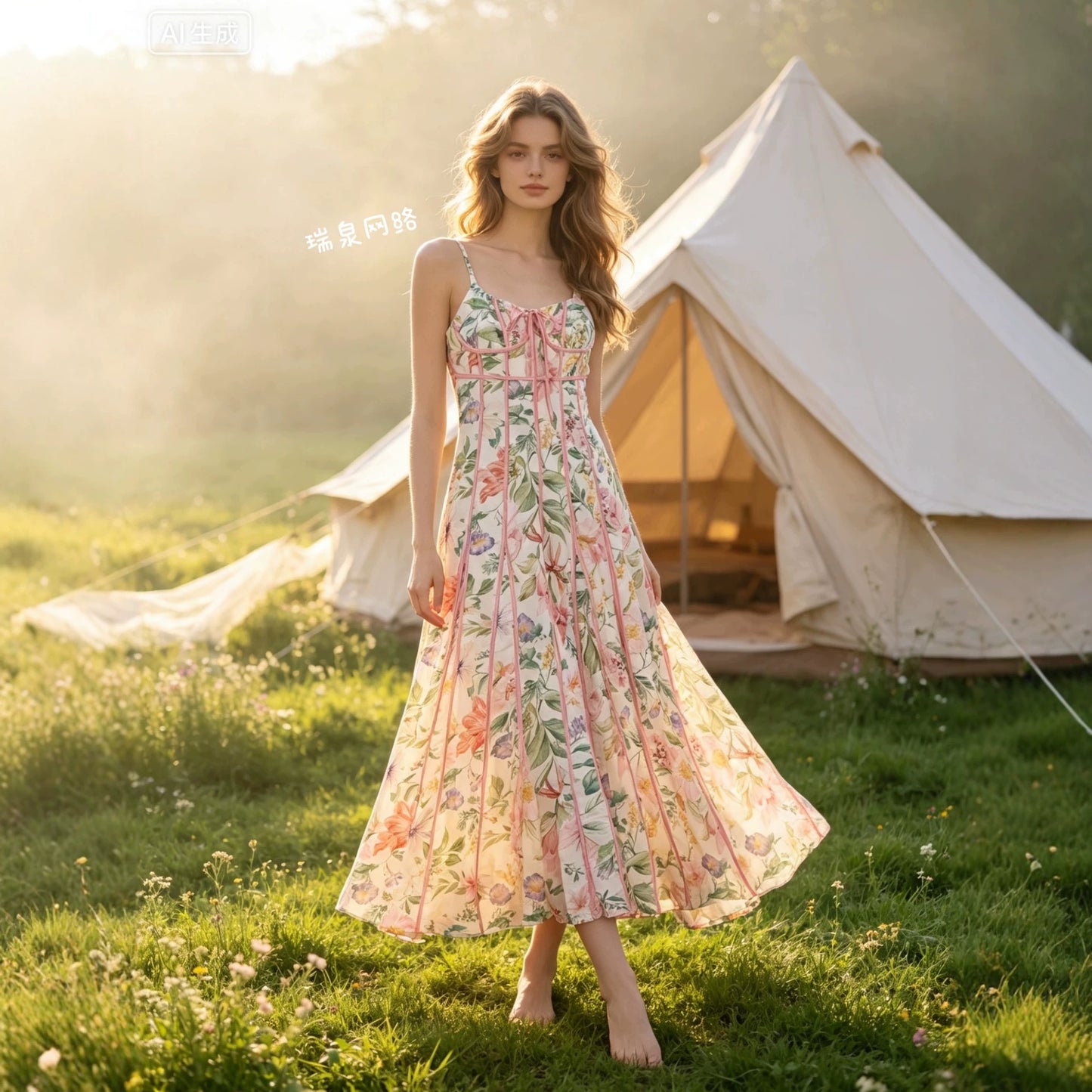 flower print long swing dress with seaming detail