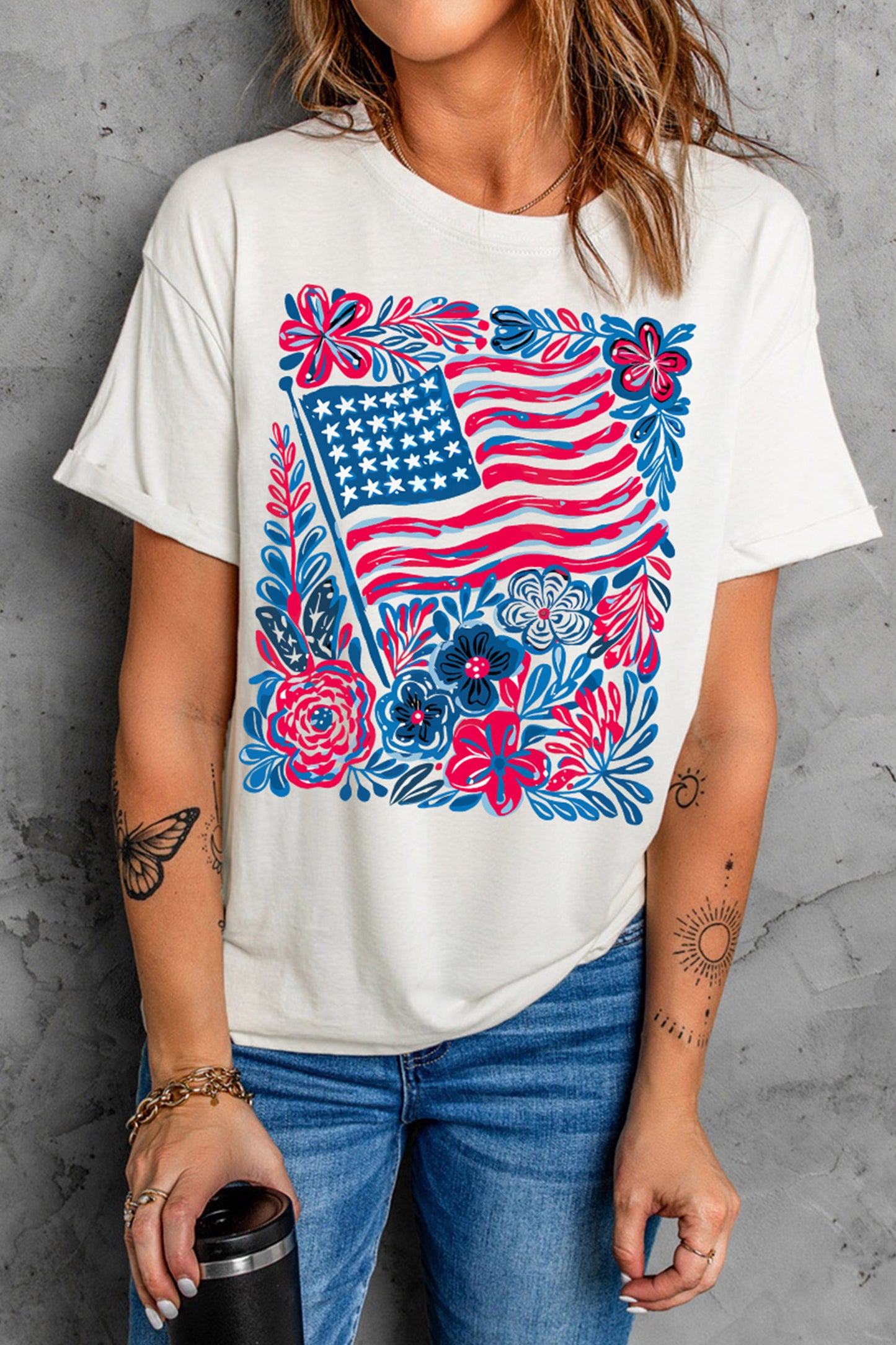 White Floral Flag Aesthetics Patriotic Graphic T Shirt