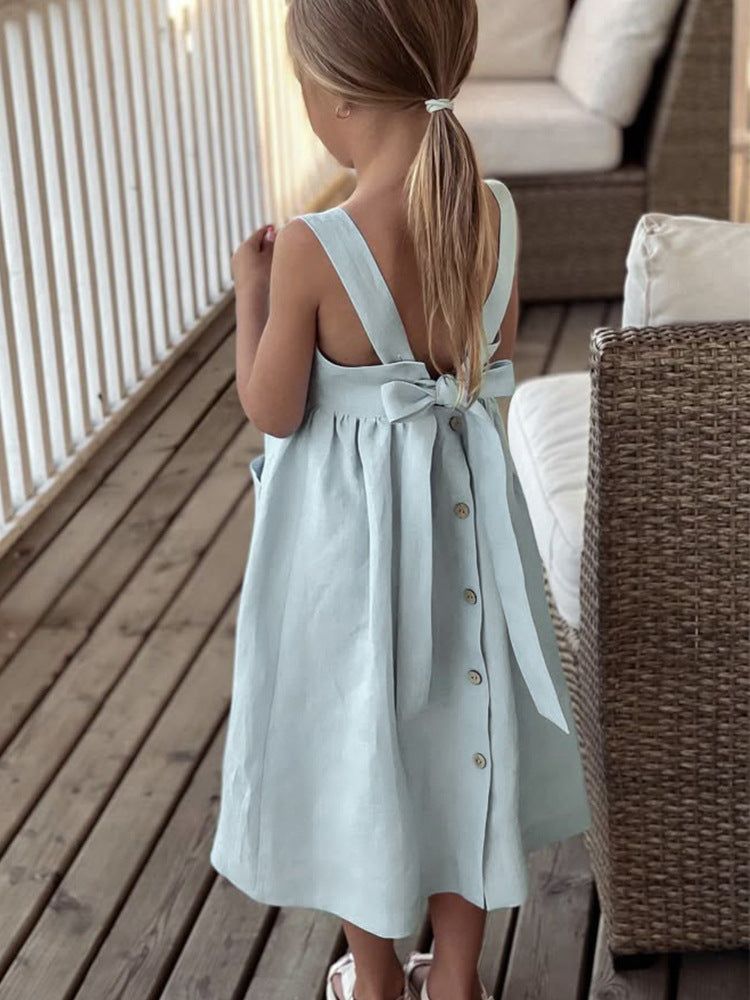 Girls' cotton and linen dress with button and bow back details