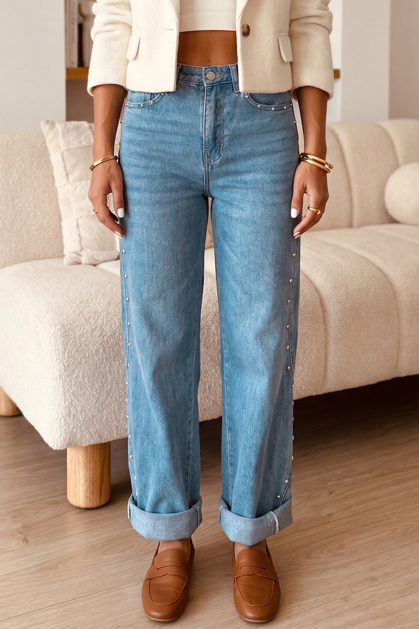 Dusk Blue Side Seam Rivet Detail Regular Fit Ankle Length Casual Jeans