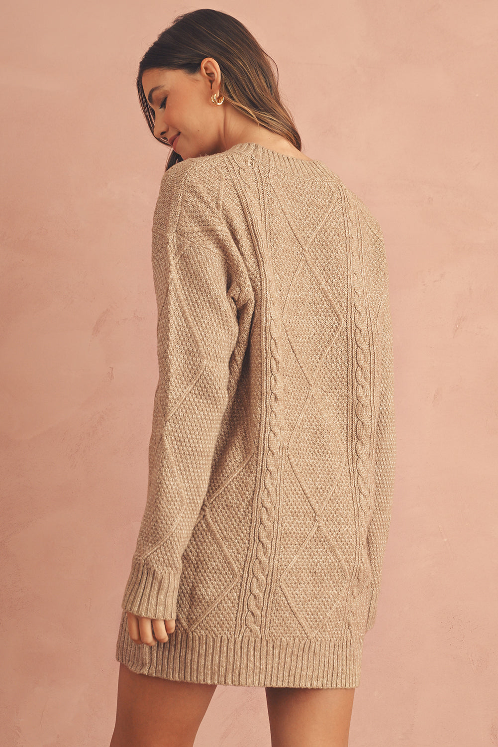 Burgundy Cable Knit Drop Shoulder Loose Fit Sweater Dress