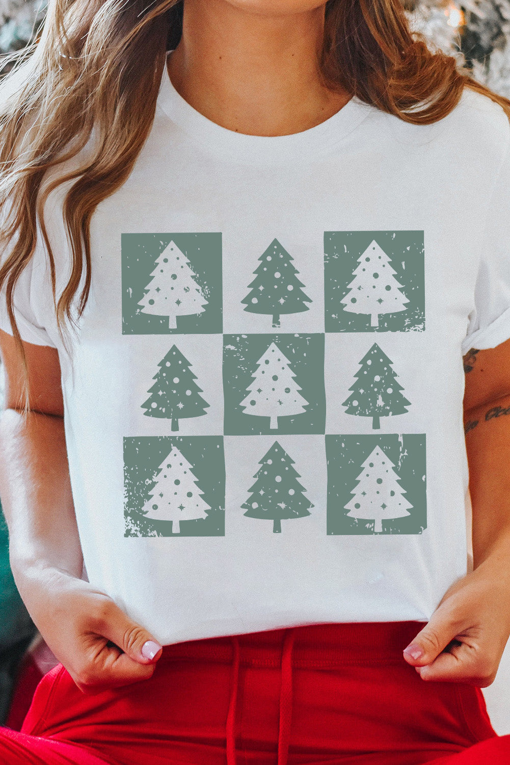 White Christmas Tree Checkered Distressed Graphic Tee
