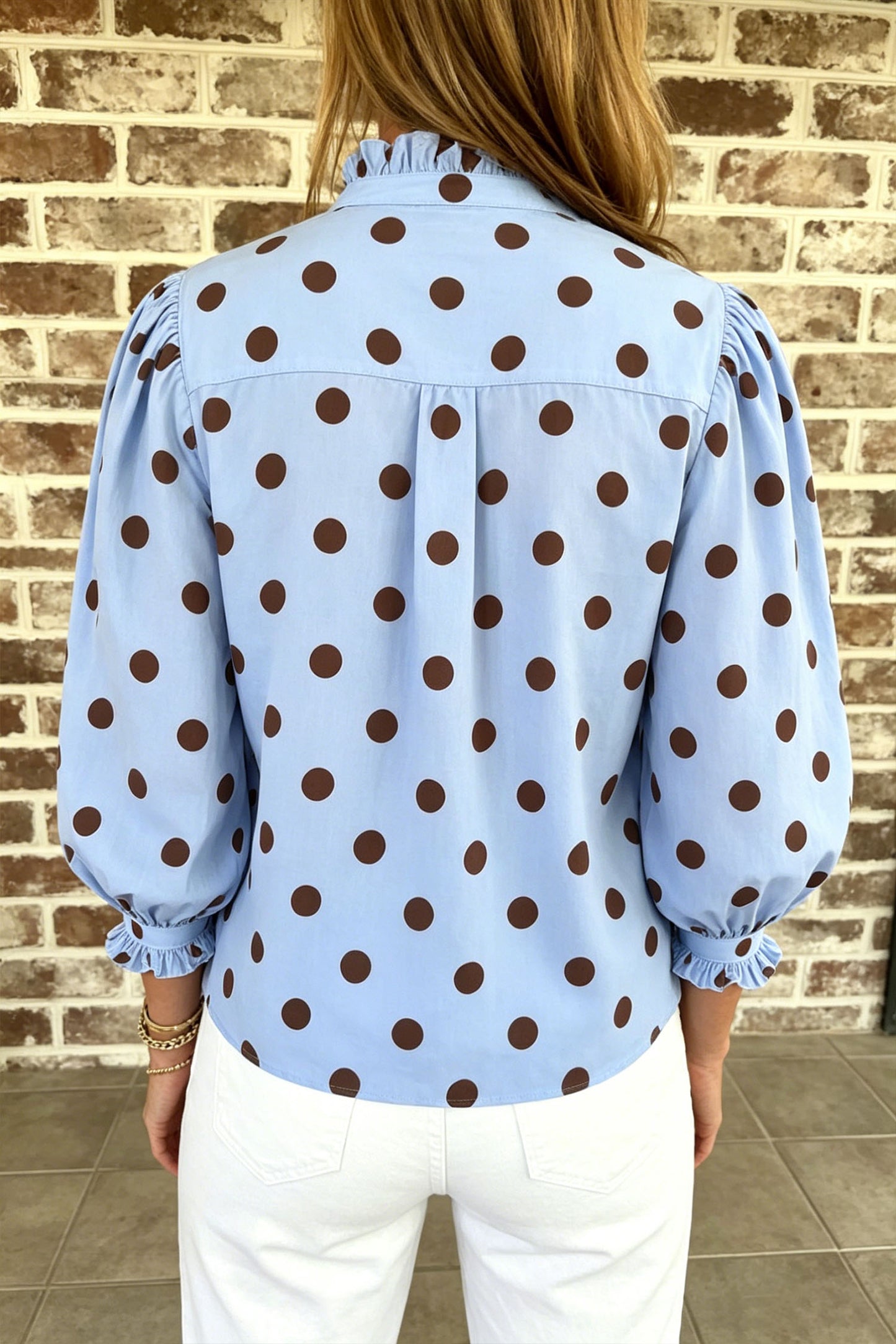 Black white Polka Dot Striped Print Ruffle Stand Neck 3/4 Sleeve Shift Shirt