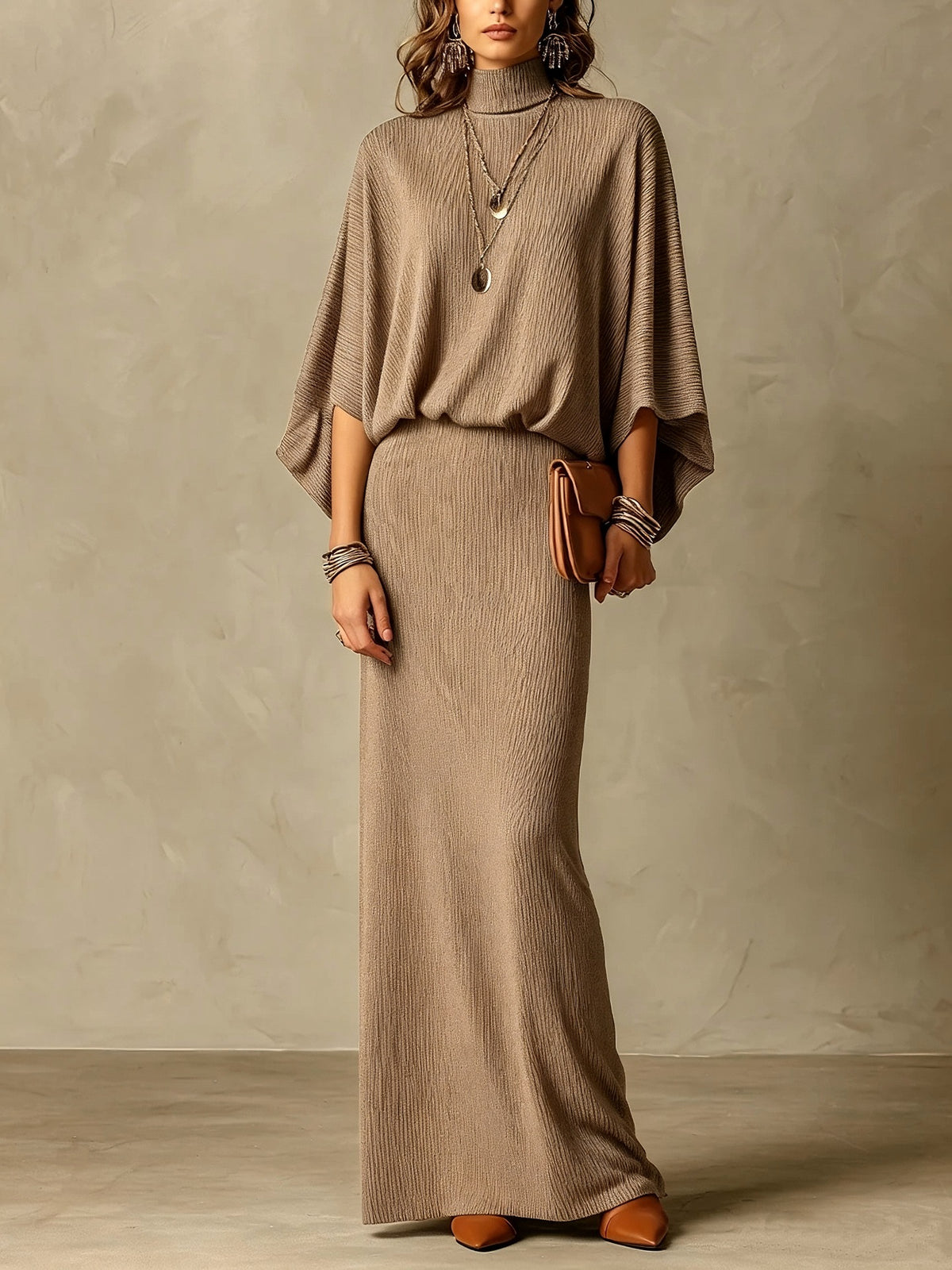 Solid-color bat wing jacket and form-fitting two-piece set