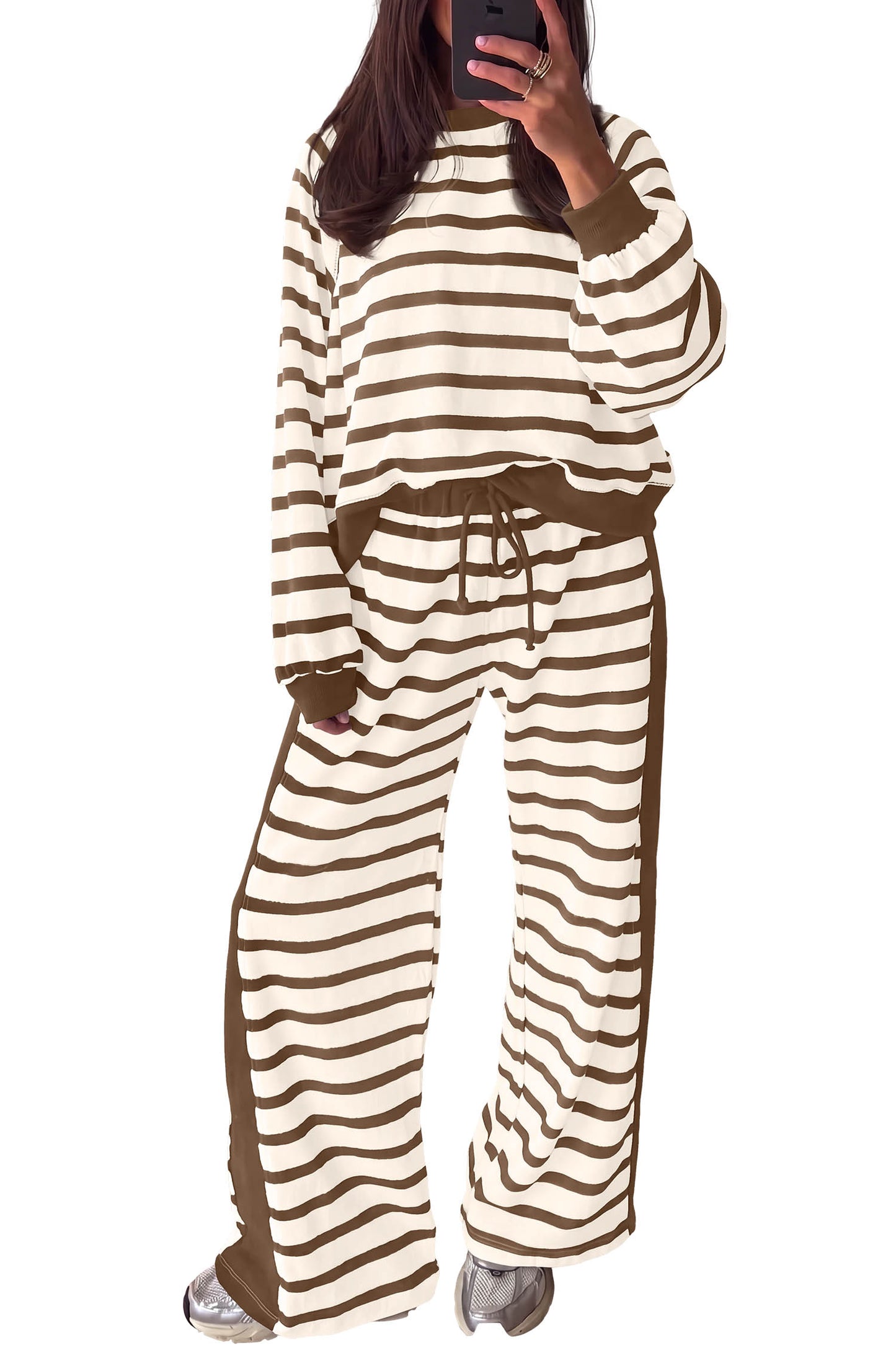 Khaki Stripe Relaxed Long Sleeve Top Color Block Detail Drawstring Pant Set