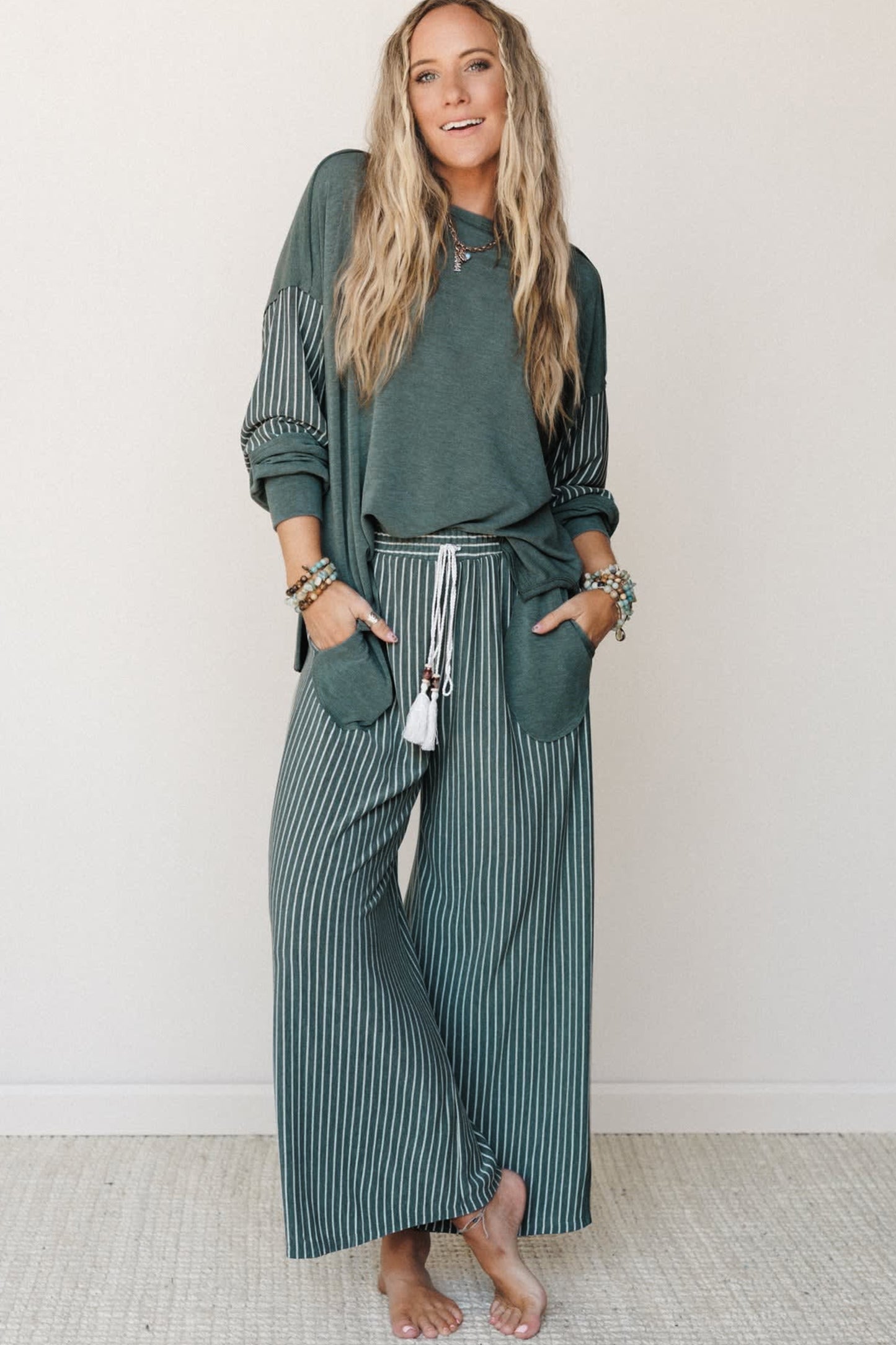 Green Bay Rae Edge Patchwork Long Sleeve Top Pocket Casual Pants 2pcs Set
