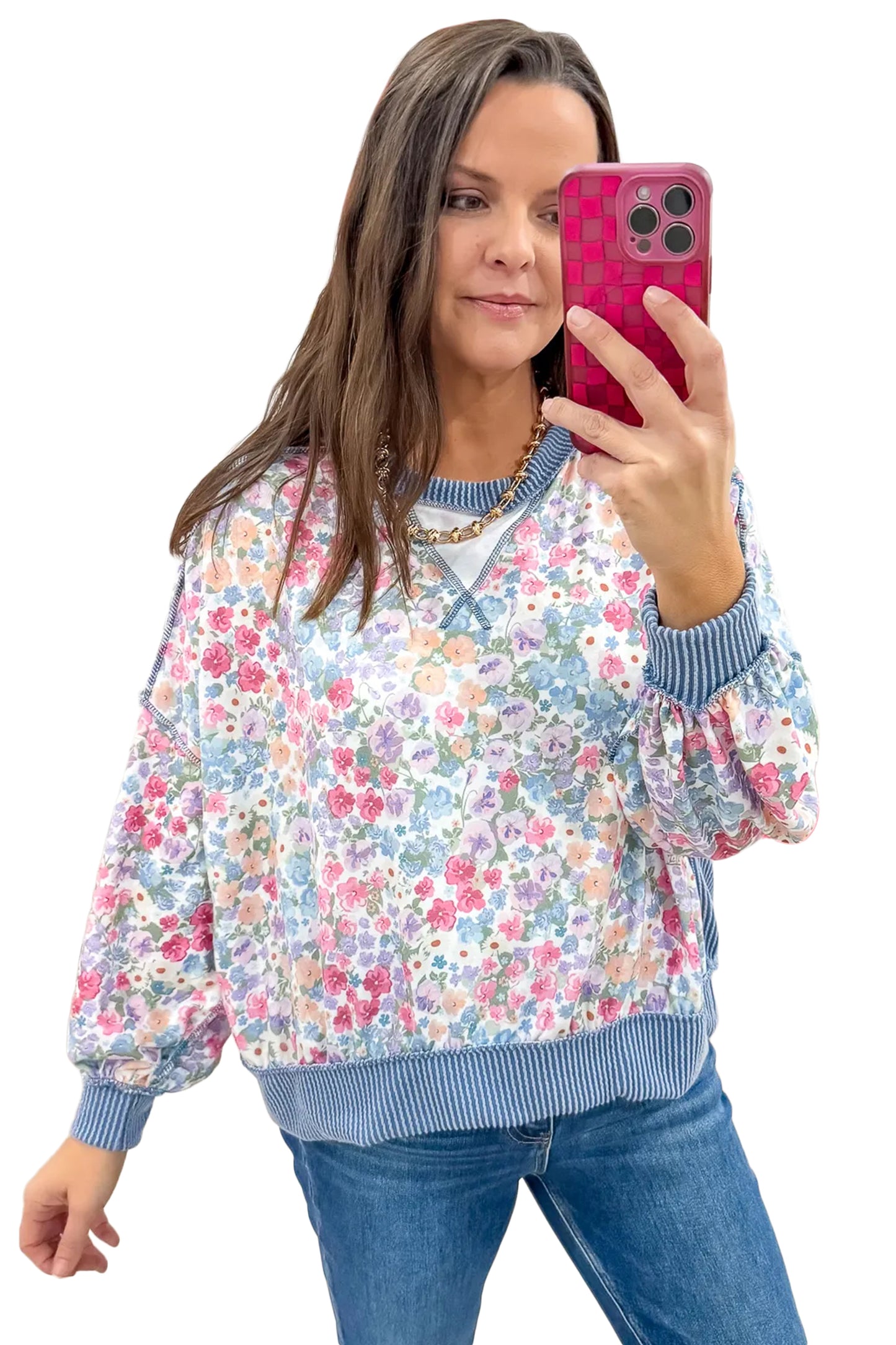 Multicolour Floral Print Twisted Ribbed Detail Long Sleeve Top