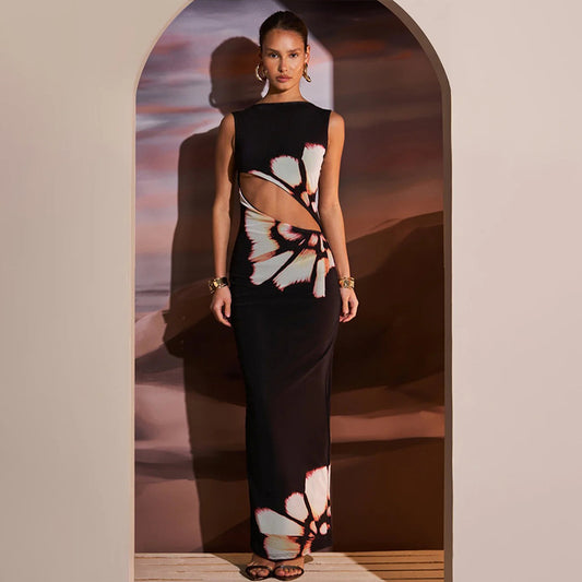 Printed sleeveless dress with cutout