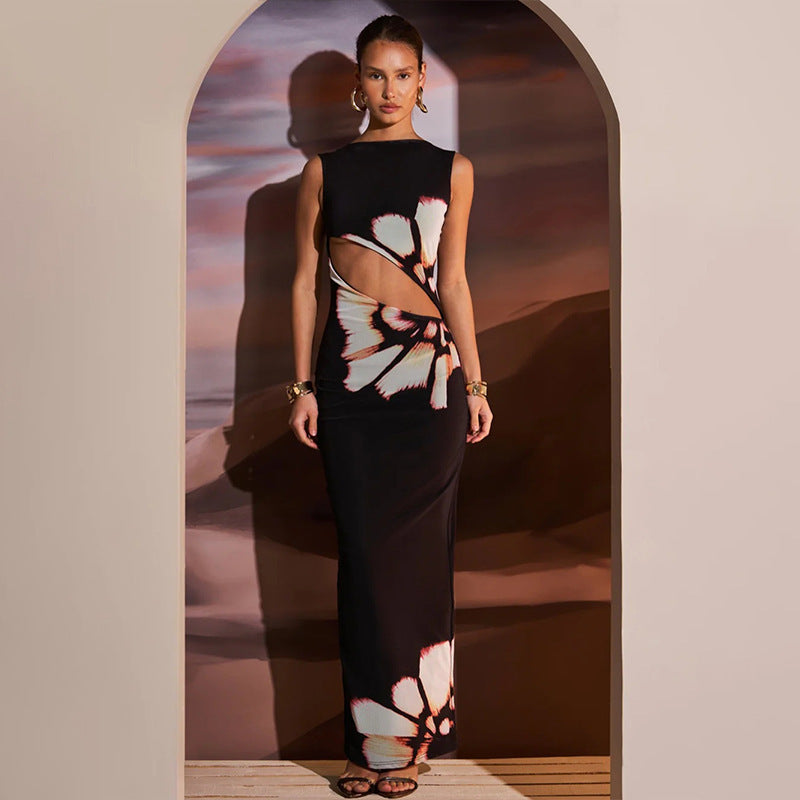 Printed sleeveless dress with cutout