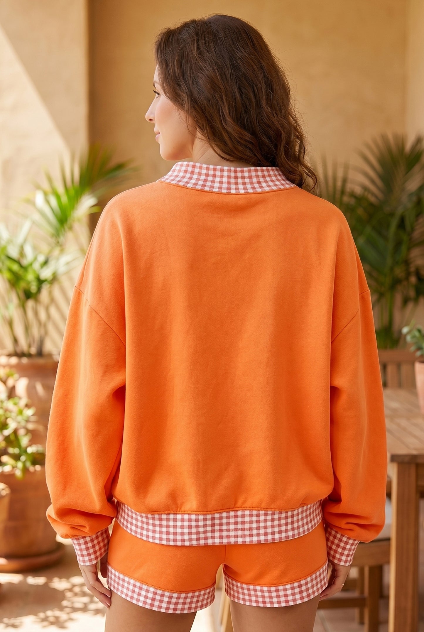 Fiery Red Gingham Trim Baggy Pullover 2pcs Short Set