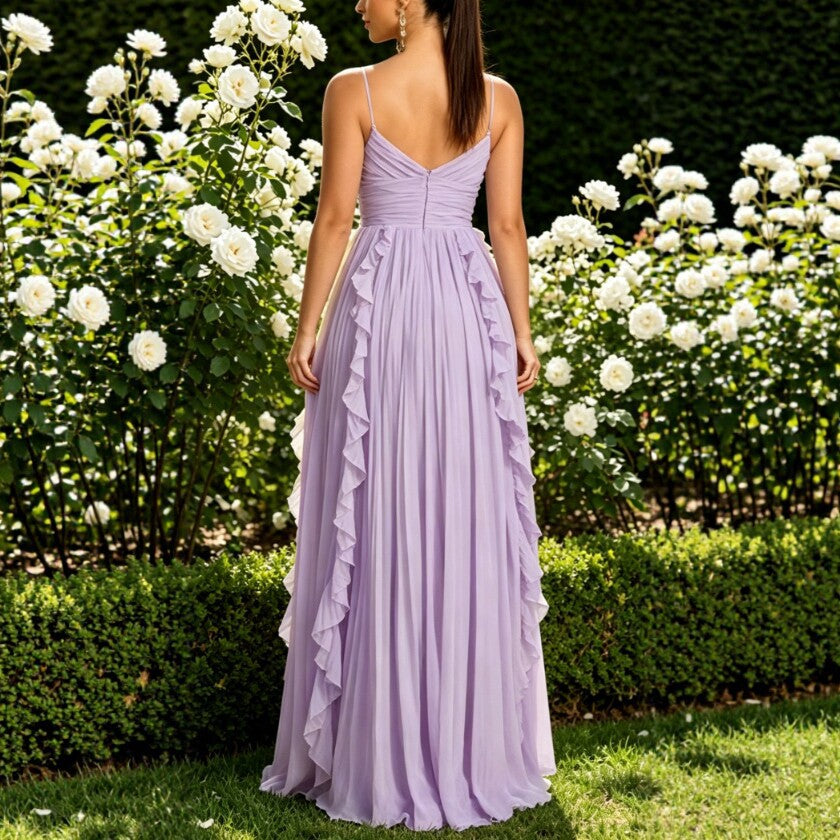 backless pleated chiffon long dress with ruffles